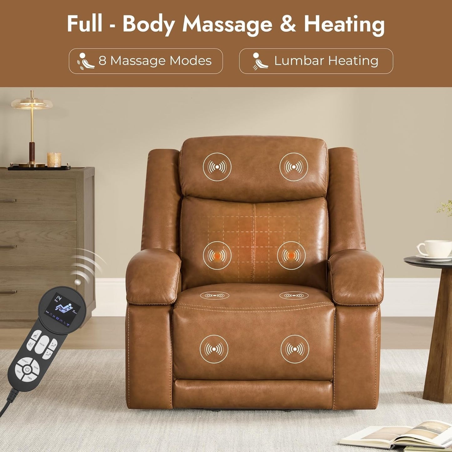 Genuine Leather Power Lift Recliner Chair with Heat and Massage Electric Lay Flat Chairs Headrest Visual Remote Control for Living Room Bedroom