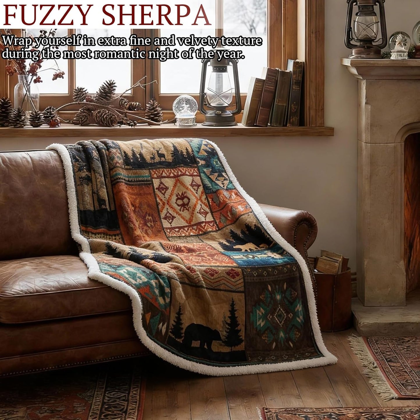 Cabin Flannel Throw Blanket Sherpa Fleece Thick Throws Winter Patchwork Blanket Holiday Soft Warm Gift Cozy Farmhouse Home Decoration for Couch Bed Sofa 50"x 60"