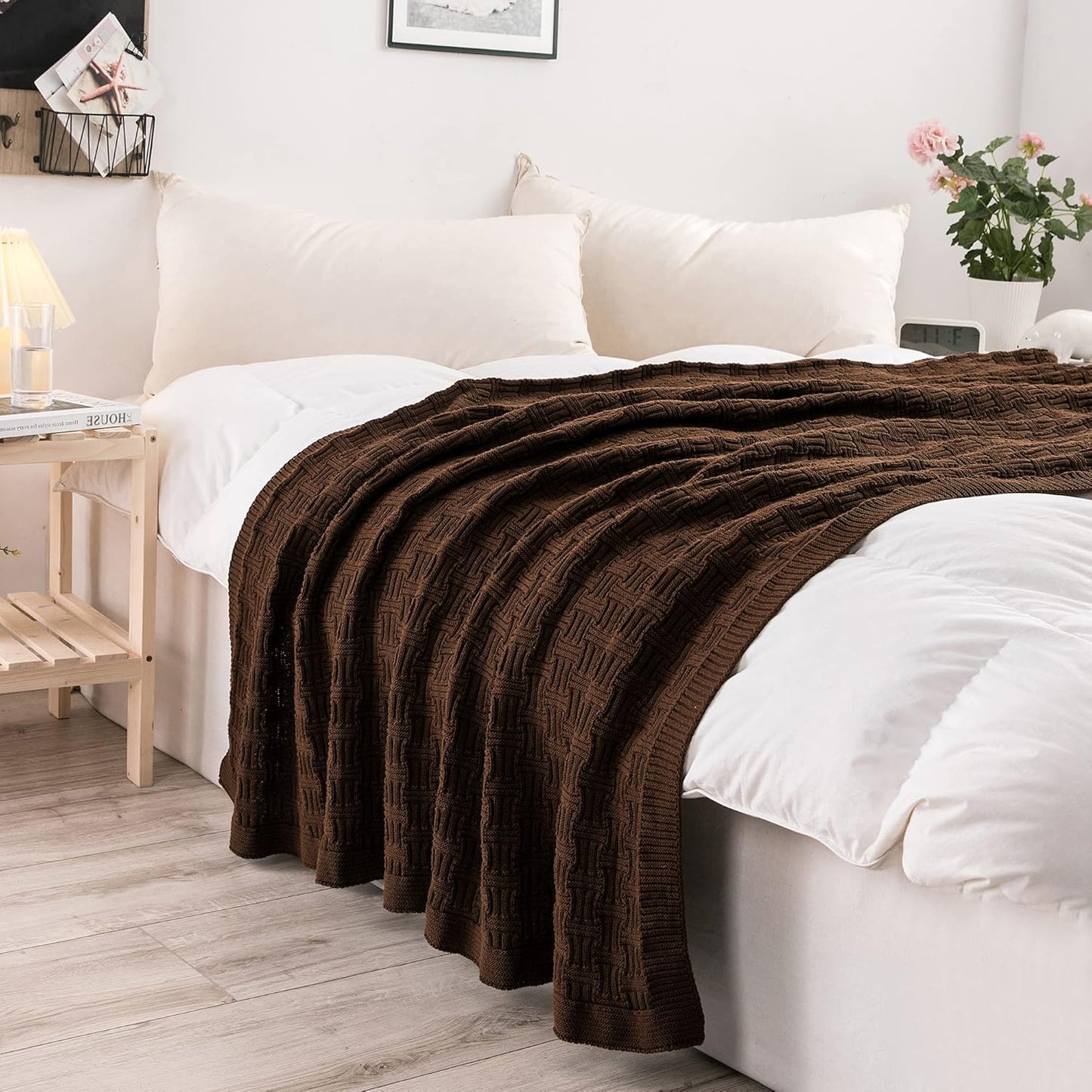 Dark Brown Cotton Knit Throw Blanket for Couch Sofa Bed - Home Decorative Soft Cozy Sweater Woven Fall Cable Knitted Blankets - 2.2 pounds 50 x 60 Inch