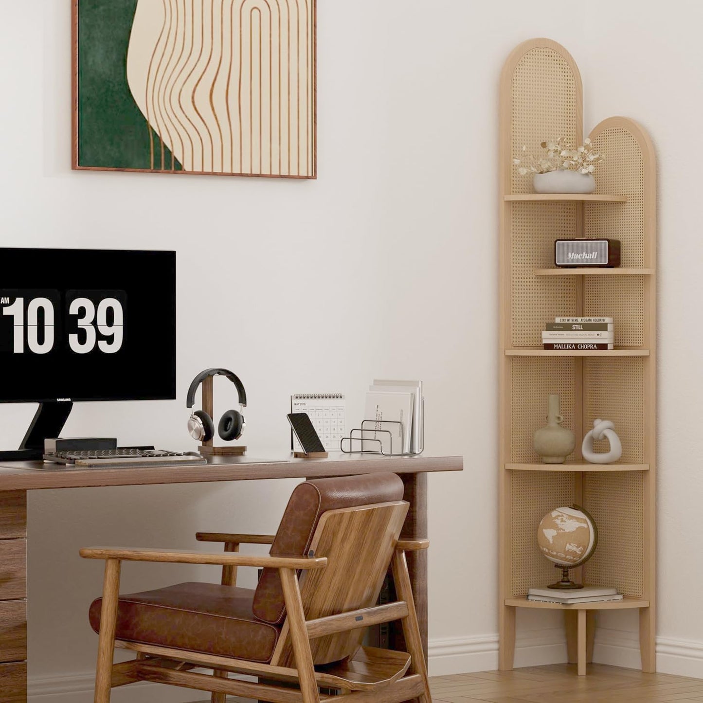 5-Tier Solid Wood Rattan Corner Shelf, Boho Chic Arc Design for Display & Storage, Perfect for Living Room, Bedroom, Bathroom, Natural Brown, 69.29 Inch Tall