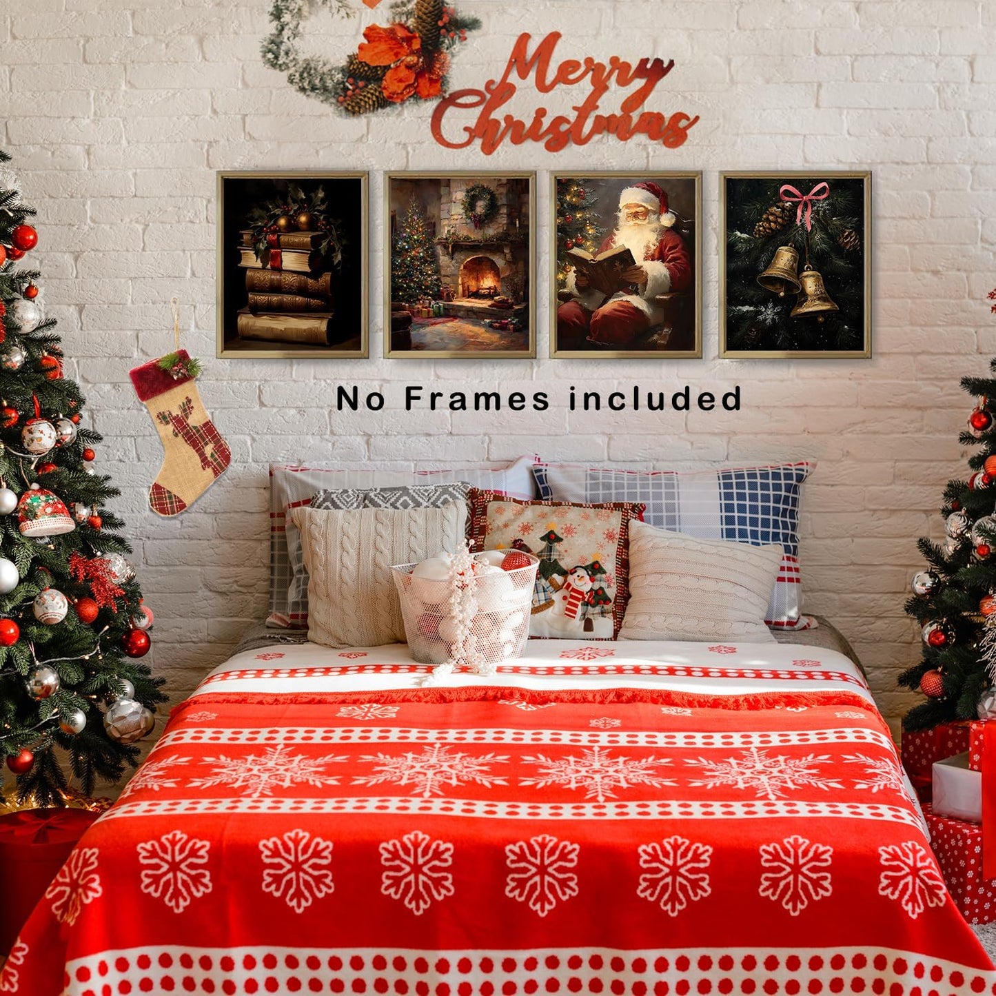 XUNLURY Dark Academia Christmas Wall Art Prints Unframed Set of 4, Vintage Christmas Wall Decor, Santa Book Cozy Fireplace Xmas Tree Bells Artwork Pictures for Home Library Reading Room Corner, 8x10