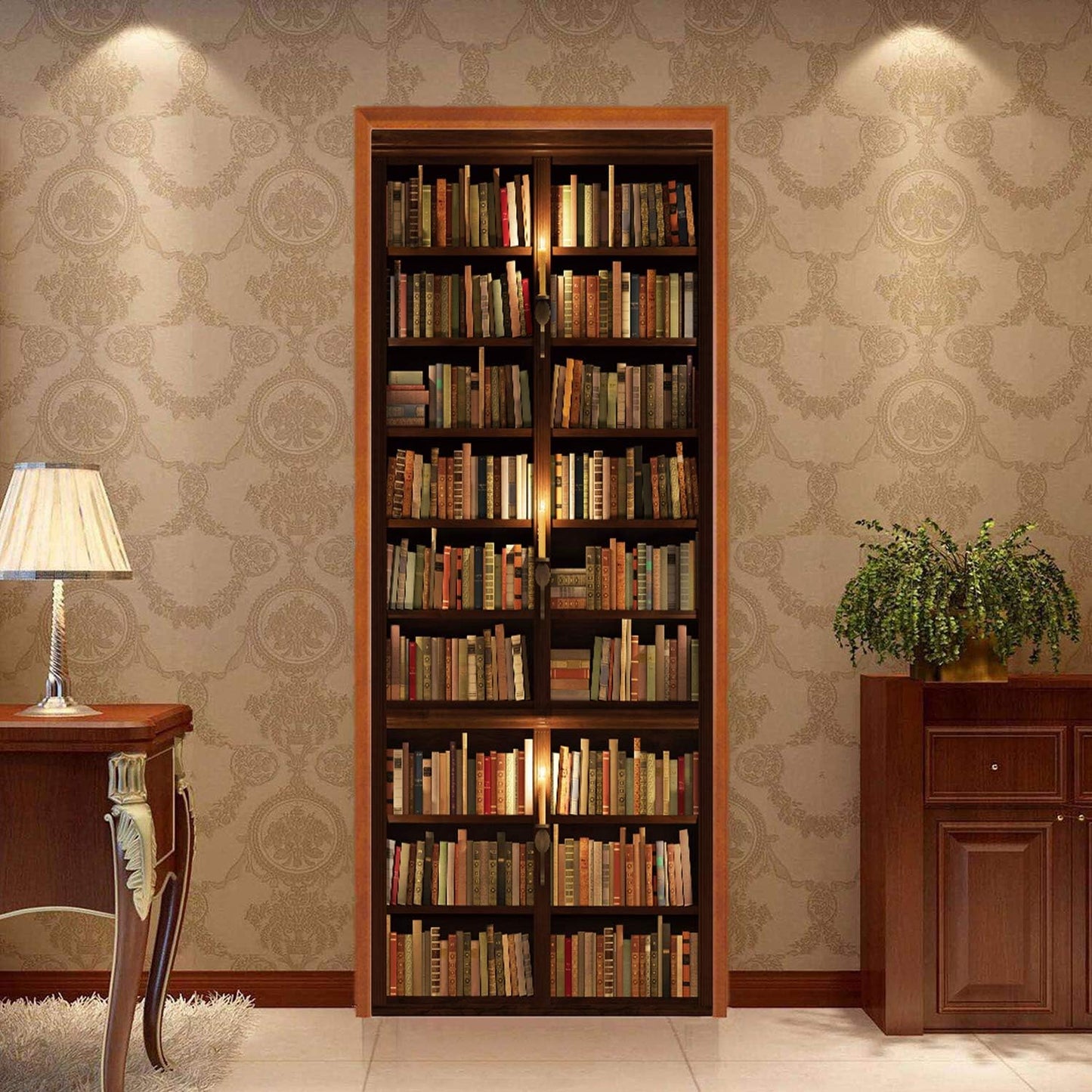 TUOKING Door Sticker, Peel and Stick Vinyl Door Decals, Self-Adhesive Mural for Home Decor, 30.3" W x 78.7" L, Set of 2 Sheets, Bookshelf