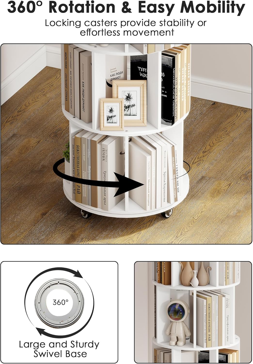 5 Tier 360° Rotating Bookshelf, Adjustable Small Space Bookcase on Wheels, Revolving Round Wood Bookshelves, Tall Narrow Storage Book Shelf Tower for Bedroom Office Kids Room (White)