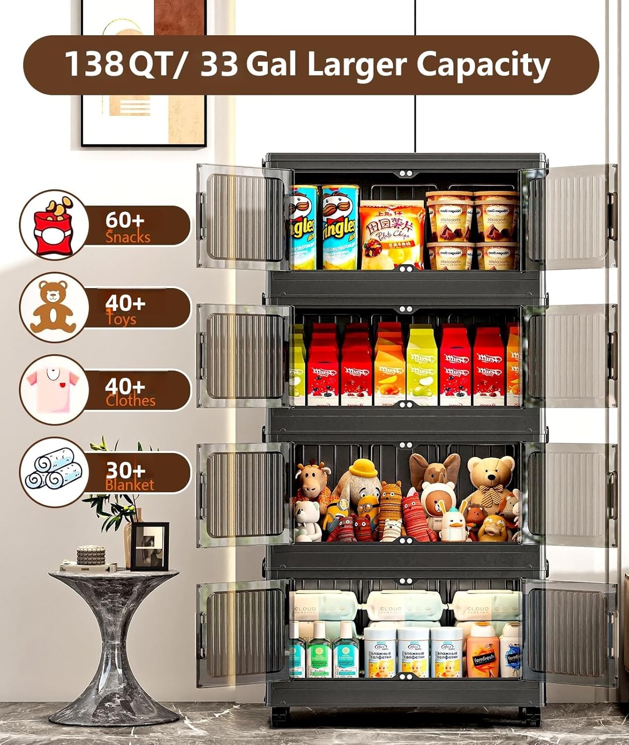 4-Tier Stackable Storage Bins with Lid,Foldable Plastic Drawer Storage with Wheels,Closet Organizers and Storage for Living Room, Office, Dorm