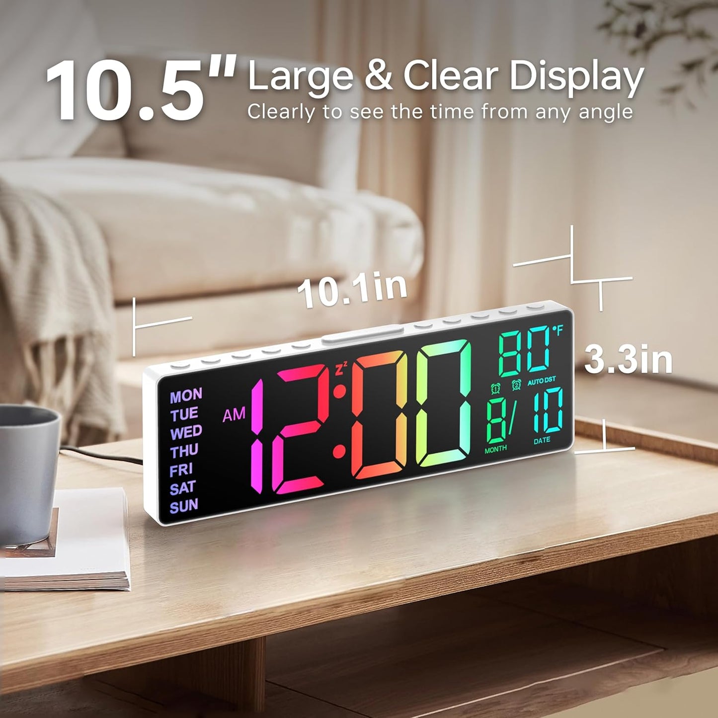 JALL 10.5'' Digital Large Alarm Clock with 8-in-1 RGB Colors, Date, Month, Temperature LED, Auto DST, Modern for Desk, Wall, Living Room, Bedroom, Birthday Xmas Gift (White, 10.5 inches)