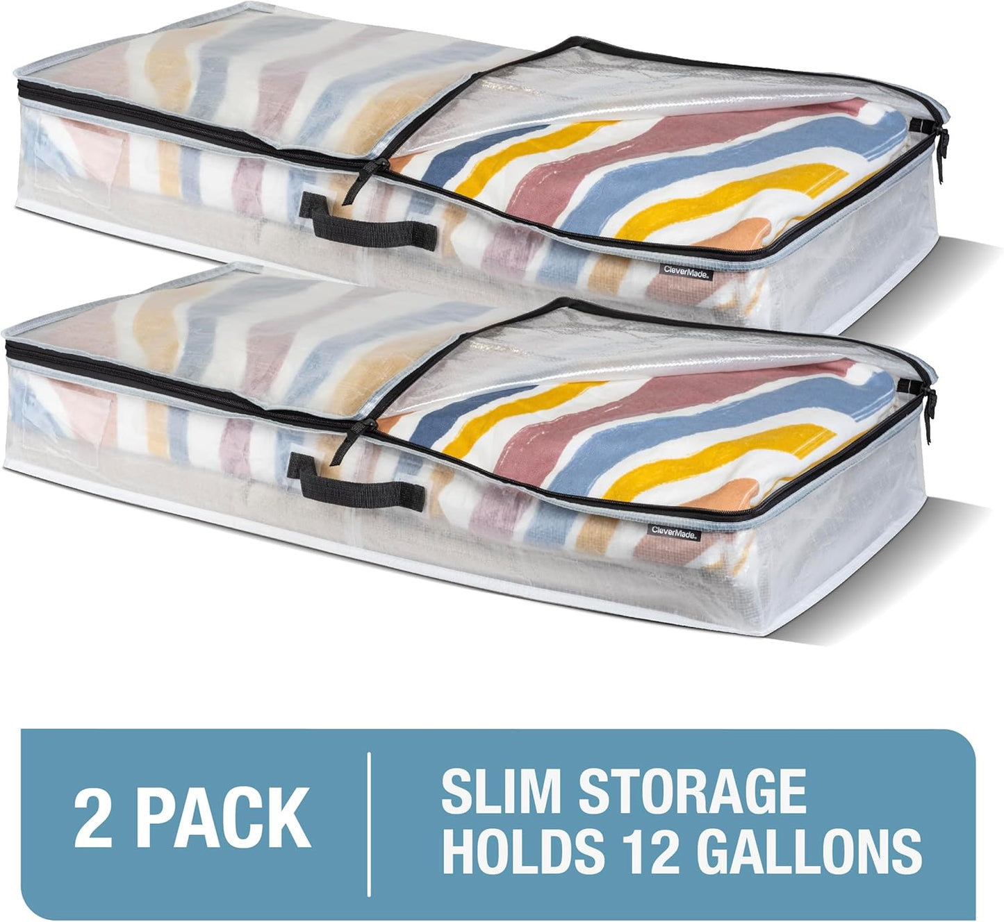 CleverMade Under Bed Storage Bag - 46L - Pack of 2 - Transparent - Collapsible Storage for Shoes and Clothes Easy Use - Heavy Duty Utility Bag Home