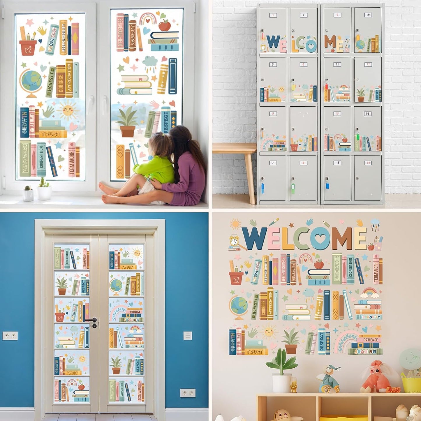 9 Sheet Boho Book Window Clings Back to School Window Stickers Inspirational Classroom Bookshelf Glass Decals for First Day of School Party Home Reading Classroom Library Nursery Wall Decor