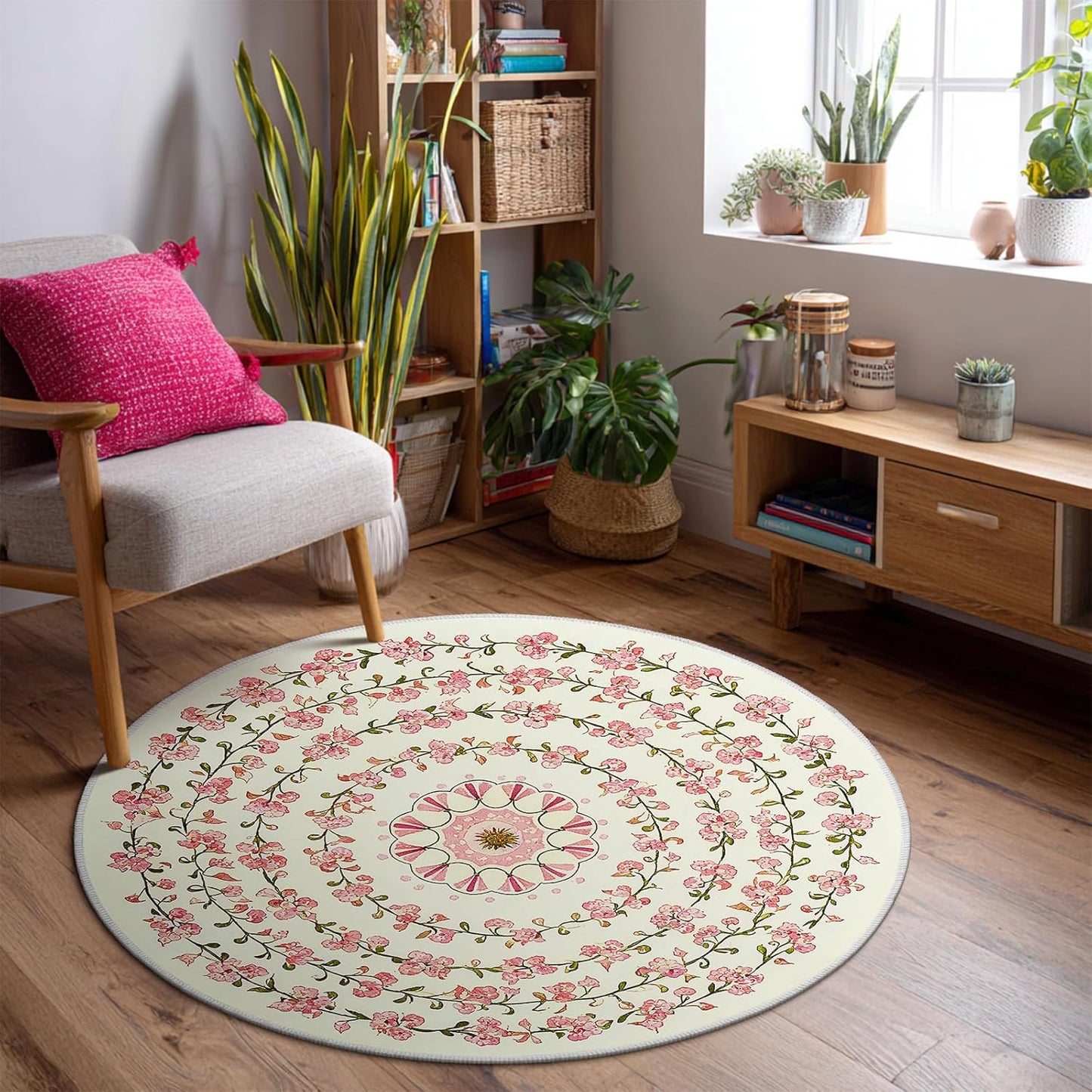 4ft Round Boho Floral Area Rug - Washable Vintage Botanical Circle Rug, Non-Slip Low-Pile Distressed Medallion Carpet for Nursery, Bedroom, Reading Nook, and Entryway (Cream/Pink)