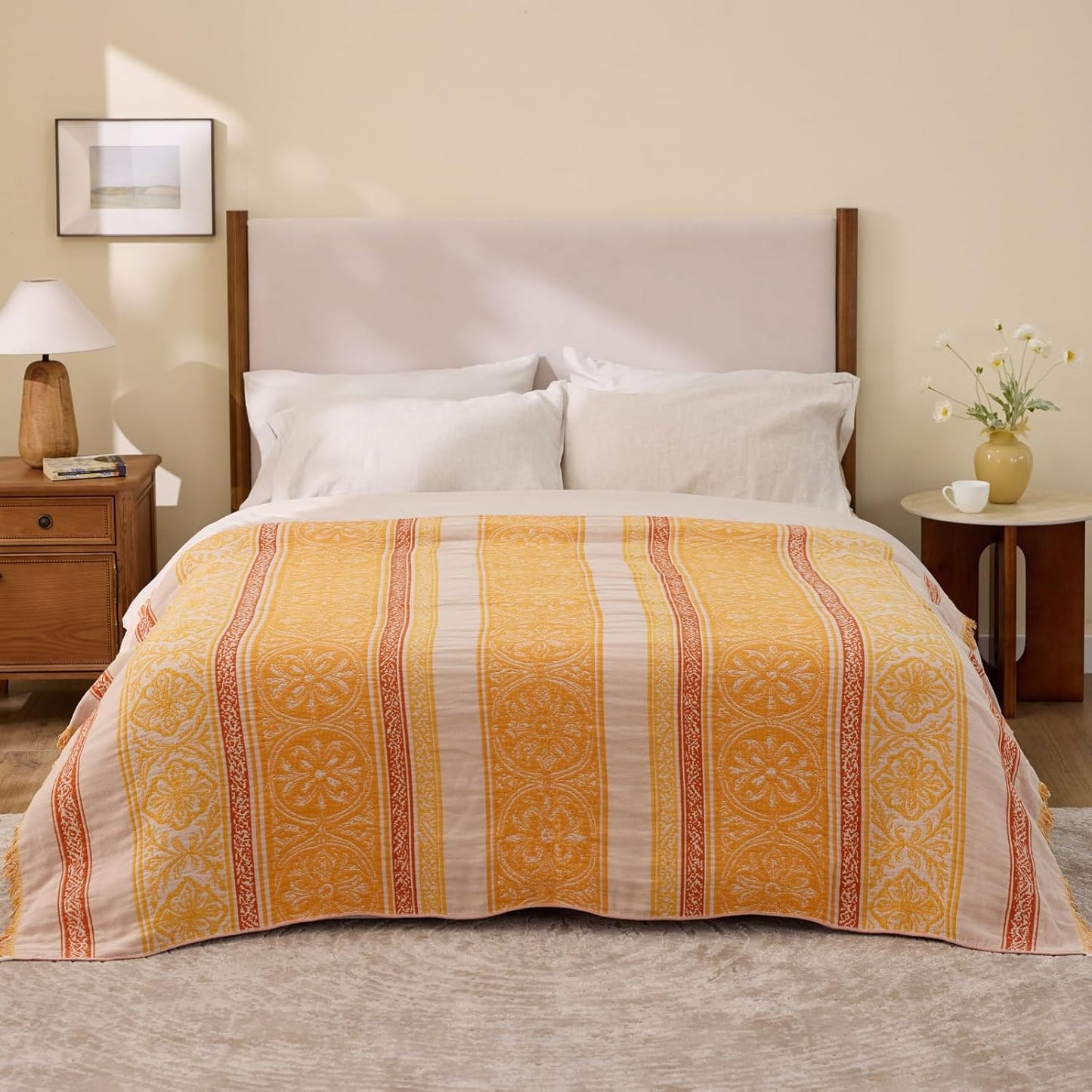 100% Cotton Boho Throw Blanket for Home Decor – Classic Farmhouse Quilt Bedding, Muslin Blankets for Adults, Vintage Woven Decorative Blanket for Couch, Bed Layering Use, Bohemian Stripe, 50"x60"