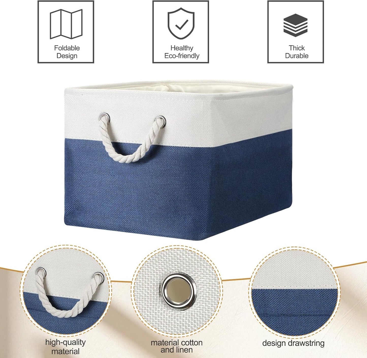 10 Pack Large Collapsible Fabric Storage Baskets with Handles Decorative Storage Bins for Organizing Shelves Toys Clothes(White & Dark Blue,16 x 12 x 10 Inches)