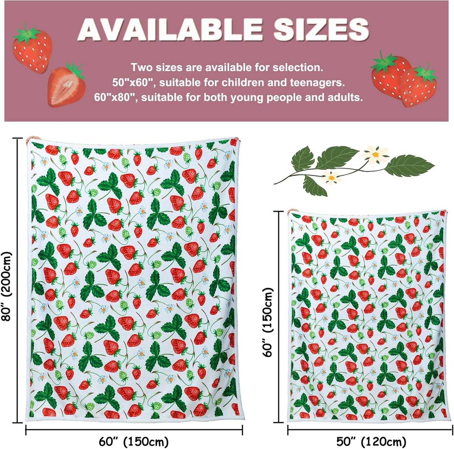 Soft Fluffy Strawberry Print Throw Blanket for Couch Bed, Cozy Lightweight Fuzzy Blanket with Cute Strawberry Pattern for Kids Adults, Perfect for Home Decor, Travel, and Gift 50x60 inches