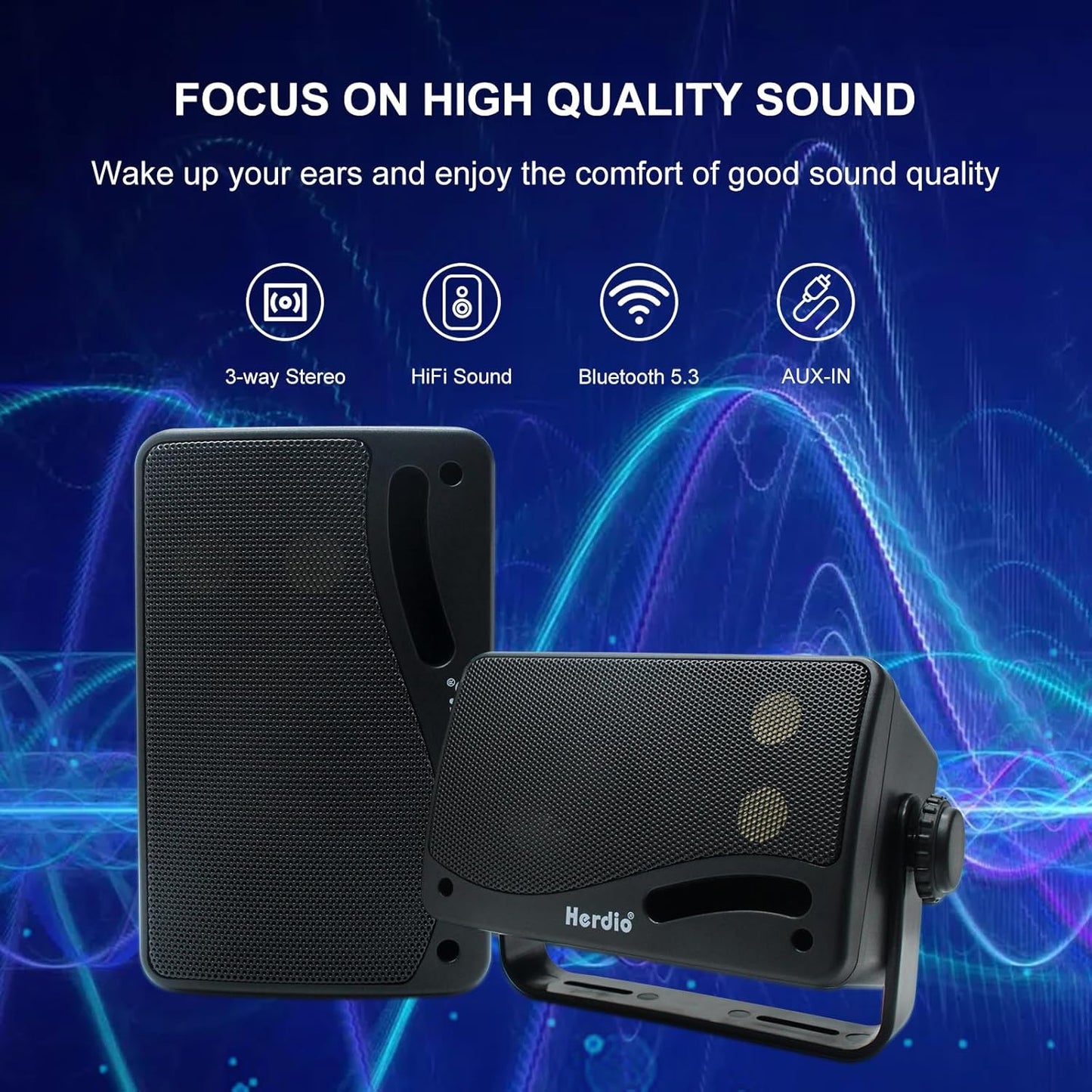 Herdio 3.5" Outdoor Bluetooth Speakers Wired Waterproof, 200W 3 Way Upgrade Premium Wall Mount Speakers, Durable Mountable Loud Sound System for Patio Indoor Deck Garage (Black Pair)