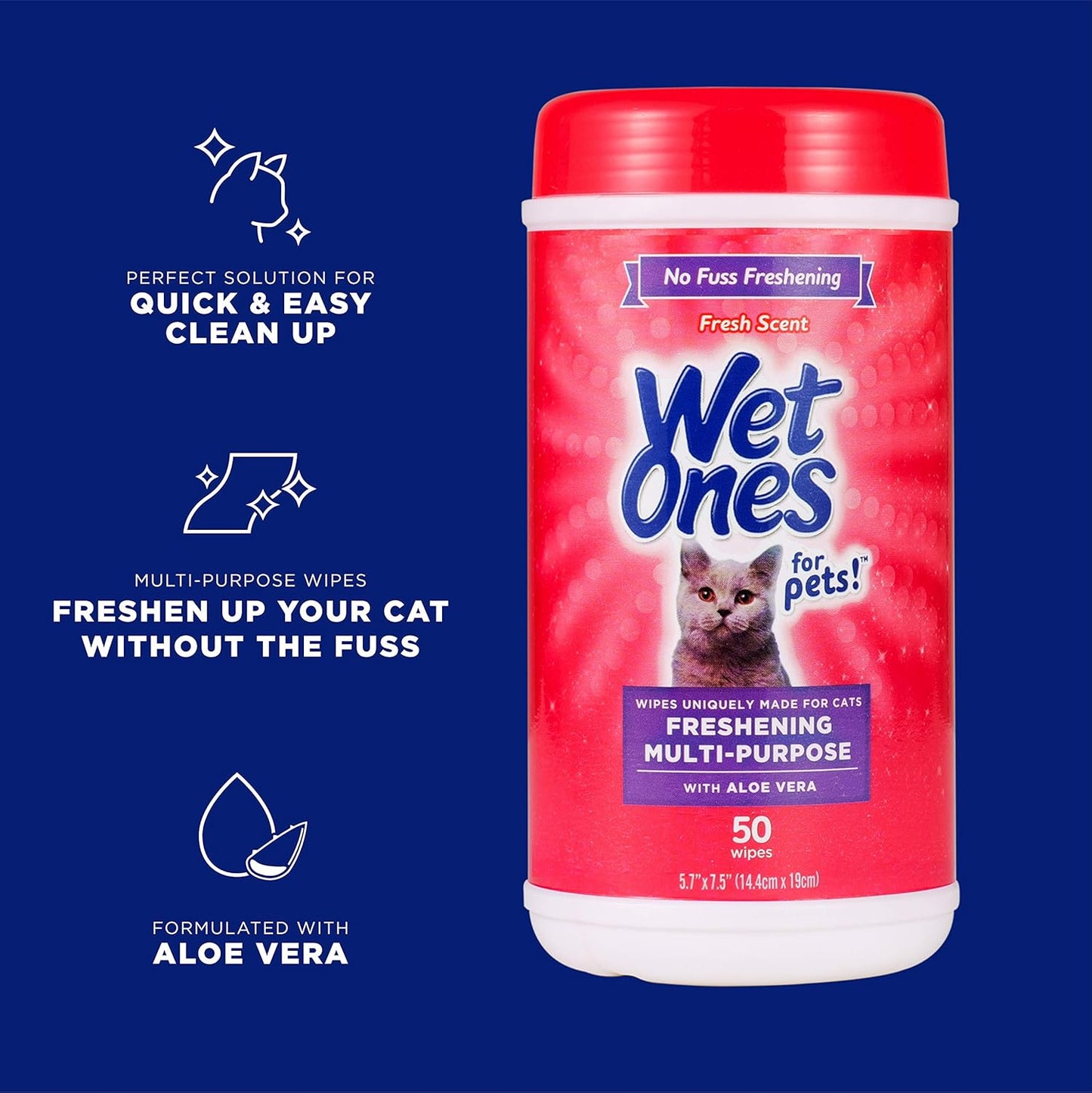Wet Ones for Cats Freshening Wipes, Multi-Purpose Cat Grooming Wipes with Aloe Vera, Helps Remove Dirt, Odor, and Dander Between Baths, Fresh Scent, 50 Count