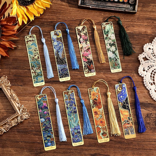 8 Pieces of Gold Hollow Bookmarks with Tassels, Featuring Van Gogh and Monet Oil Painting Themes Perfect for Book Lovers, Writers, Readers, Children, Teenagers, Men, Women, and Adults