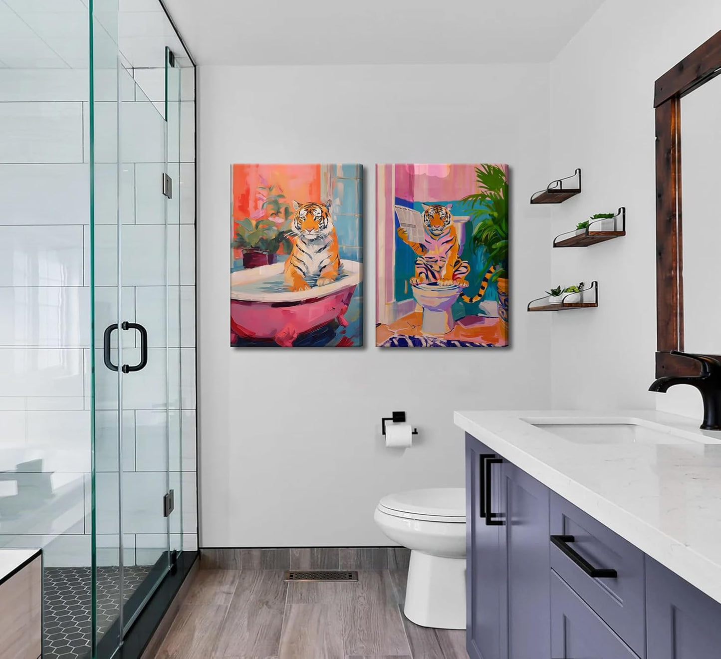 2Pcs Interesting Bathroom Tiger Canvas Wall Art Eclectic Pink Kitsch Aesthetic Animal in Bathtub Painting Picture Wall Decor Fashion Dopamine Poster Print Artwork for Restroom Home Decoration (Canvas, 16x24in)