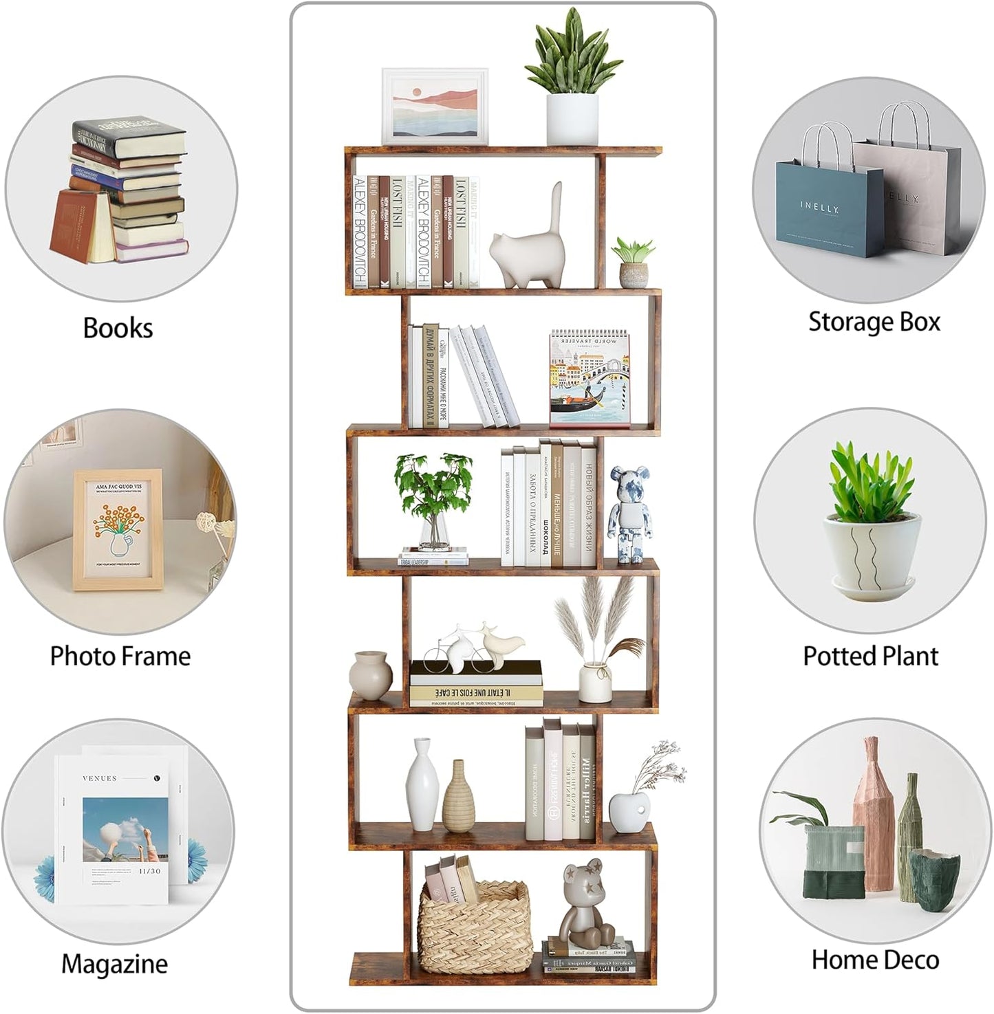 Yusong Geometric Bookcase, Bookshelf 6-Tier S Shaped Book Shelves for Bedroom, Modern Wood Decorative Display Shelf Tall Book Case for Home Office, Rustic Brown