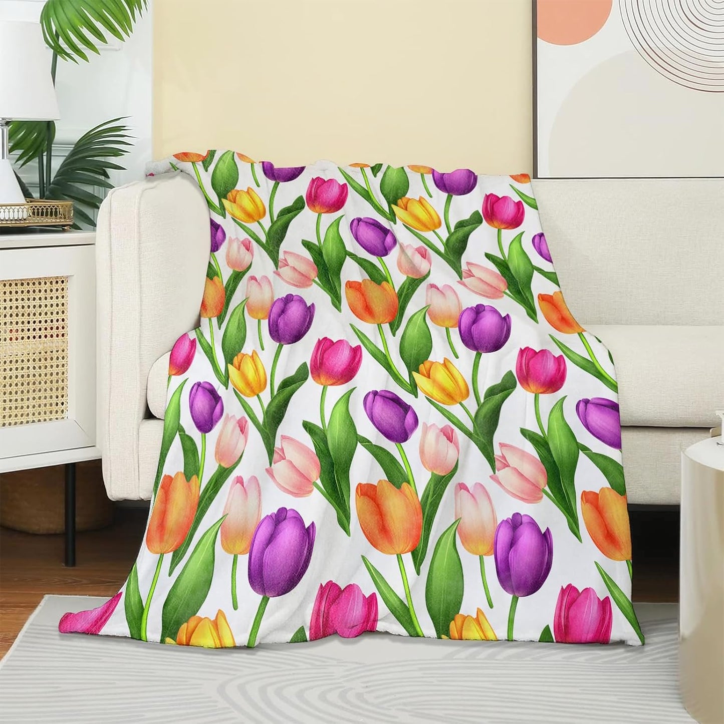 Colorful Tulip Floral Blanket, Soft Warm Cozy Throw Blanket Gifts for Adults Kids Women, Lightweight Fuzzy Comfy Flannel Blankets for Couch, Travel, Bed, House Decor 60×50 Inch