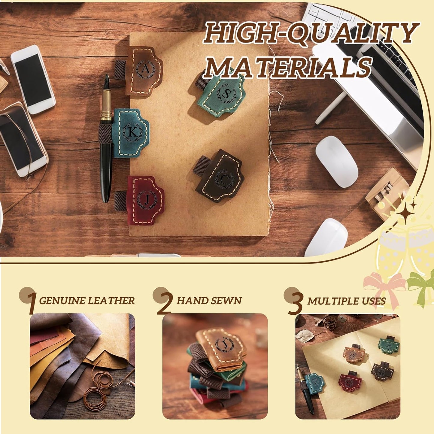 MOTEERLLU Bygone Mark Personalized Magnetic Leather Pen Holder Bookmark, Custom Bookmarks with Initial for Reading Women, Men, Teachers, Book Lovers Gifts（Red J）