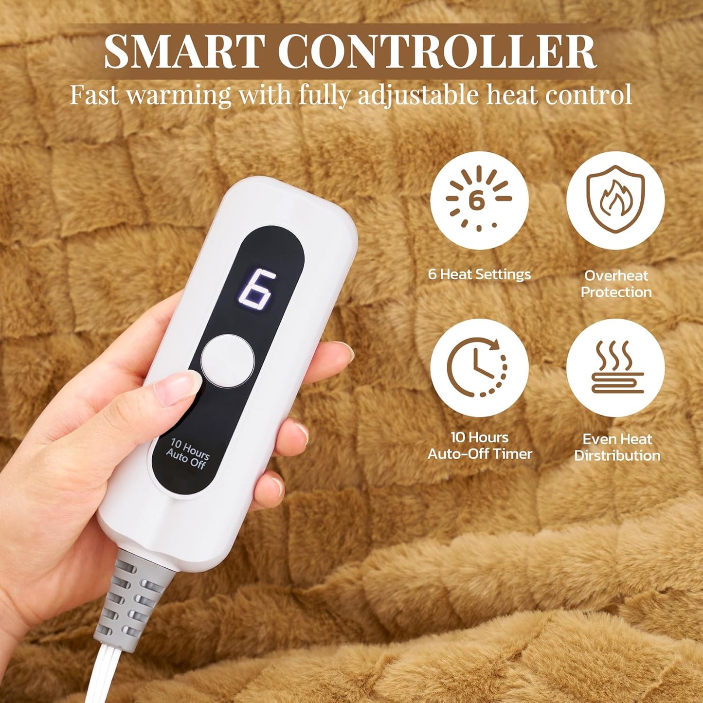 CURECURE Heated Blanket Full Size 72"x84", Soft Warm Faux Rabbit Fur Electric Blanket with 6 Heating Levels, 10 Hours Auto-Shutdown, Fast Heating, Home Use, Machine Washable, Gifts for Adults, Khaki