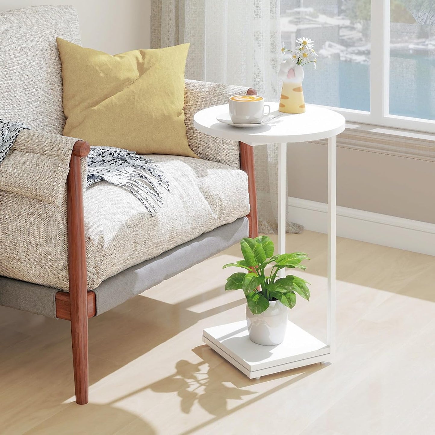 HDANI C Table End Table,Couch Table That Slide Under,Sofa Side Table in Living Room,White