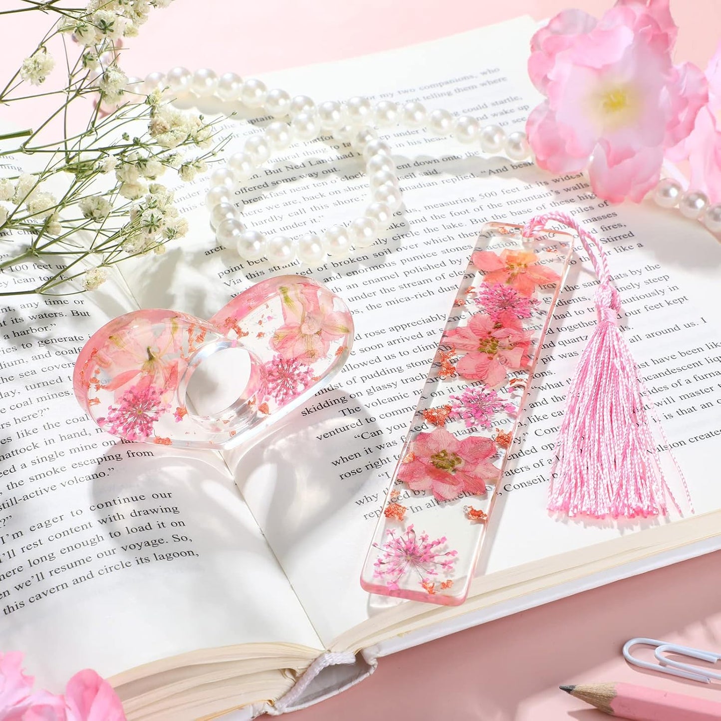 Dried Flower Resin Bookmarks and Book Holder Transparent Floral Page Marker with Tassels Handmade Thumb Ring Personalized Reading Accessories Gift for Women, Girls, Adults, Kids