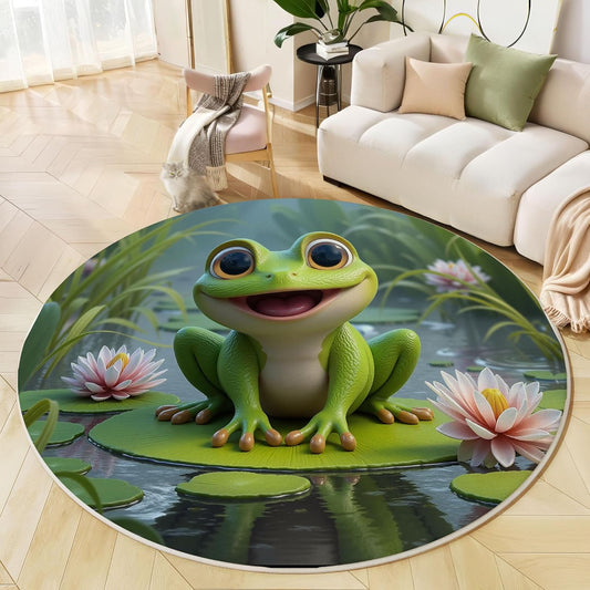 Round Area Rug, 2Ft Washable Non-Slip Emerald Green 3D Happy Frog Pond Circle Rug, Soft Low-Pile Cartoon Animal Indoor Small Circular Carpet for Bedroom Entryway Dining Living Room