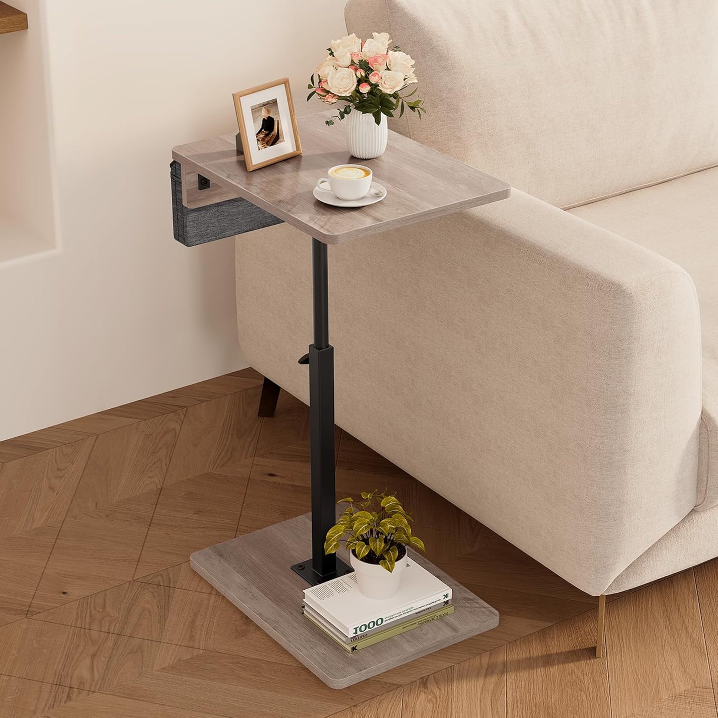 Vagusicc Sofa Armrest Tray Table for Couch, 360° Swivel Height Adjustable TV Tray Table for Small Spaces, Snack Side Table for Couch, Bed, Chair, C Shaped End Side Table for Eating, Reading, Laptop