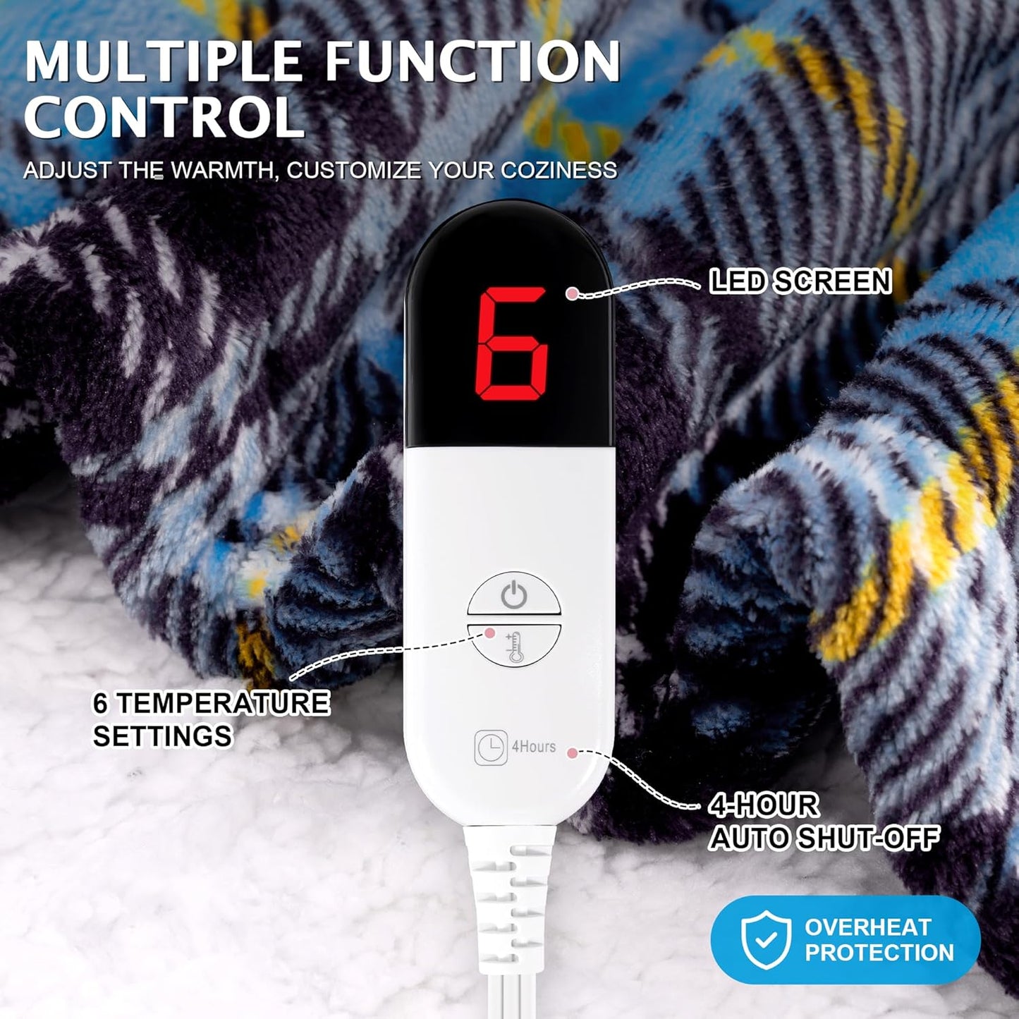 Electric Blanket Wearable Heated Shawl with Hood & Pockets – 6 Heat Settings, 4H Auto-Off, Flannel & Sherpa Reversible, Cozy Plaid Heated Throw Blanket for Home, Couch, or Gift, 40"x70", Blue