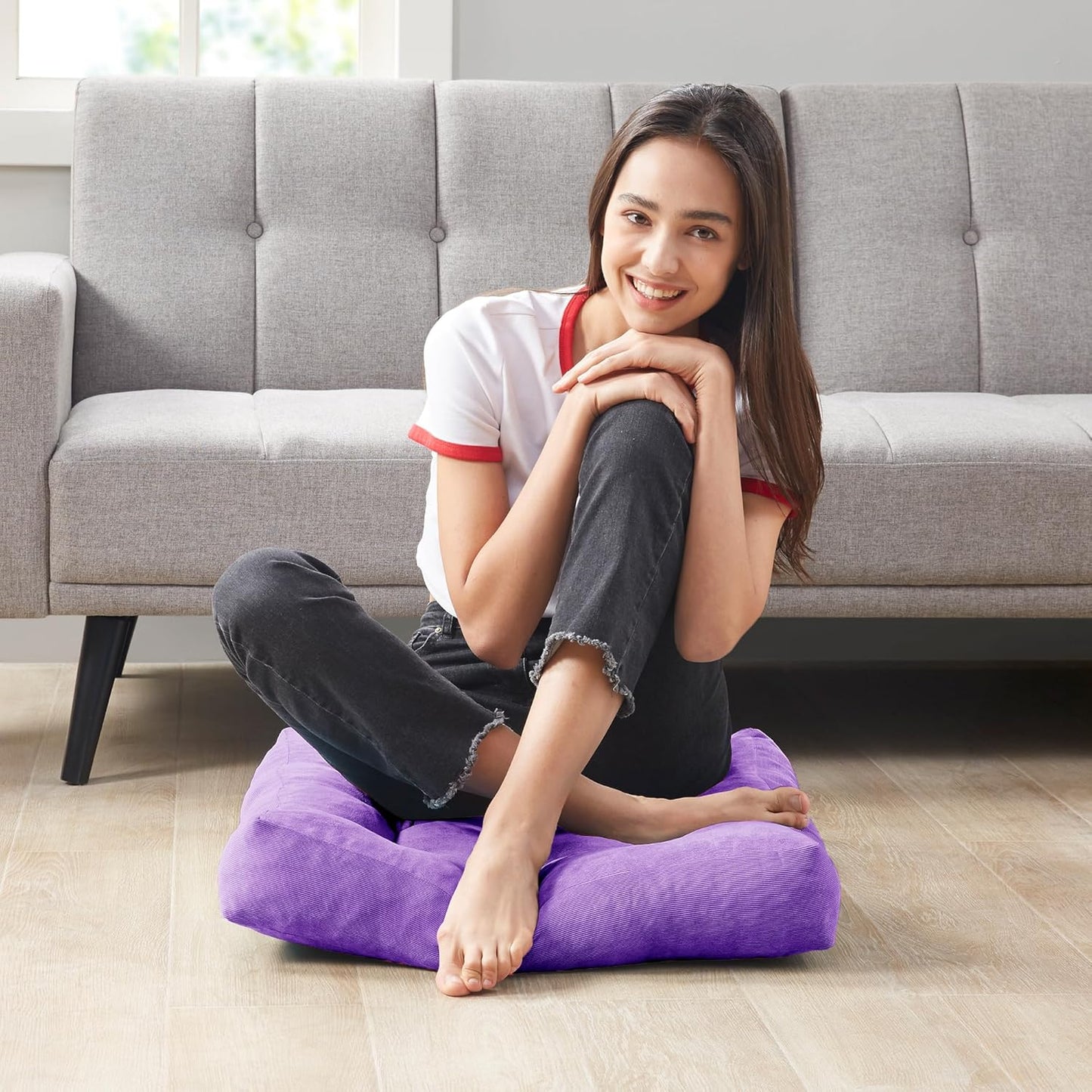Degrees of Comfort Square Tufted Corduroy Floor Cushions, Large Pillows Seating for Adults, Meditation Pillow for Balcony Tatami Living Room, 22x22 Inch, Purple