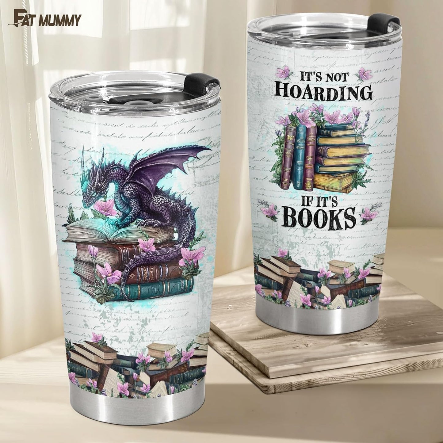 Bookish Dragon Tumbler – It’s Not Hoarding If It’s Books, Fantasy Inspired Stainless Steel Travel Mug with Lid, Bookworm Gift for Men and Women