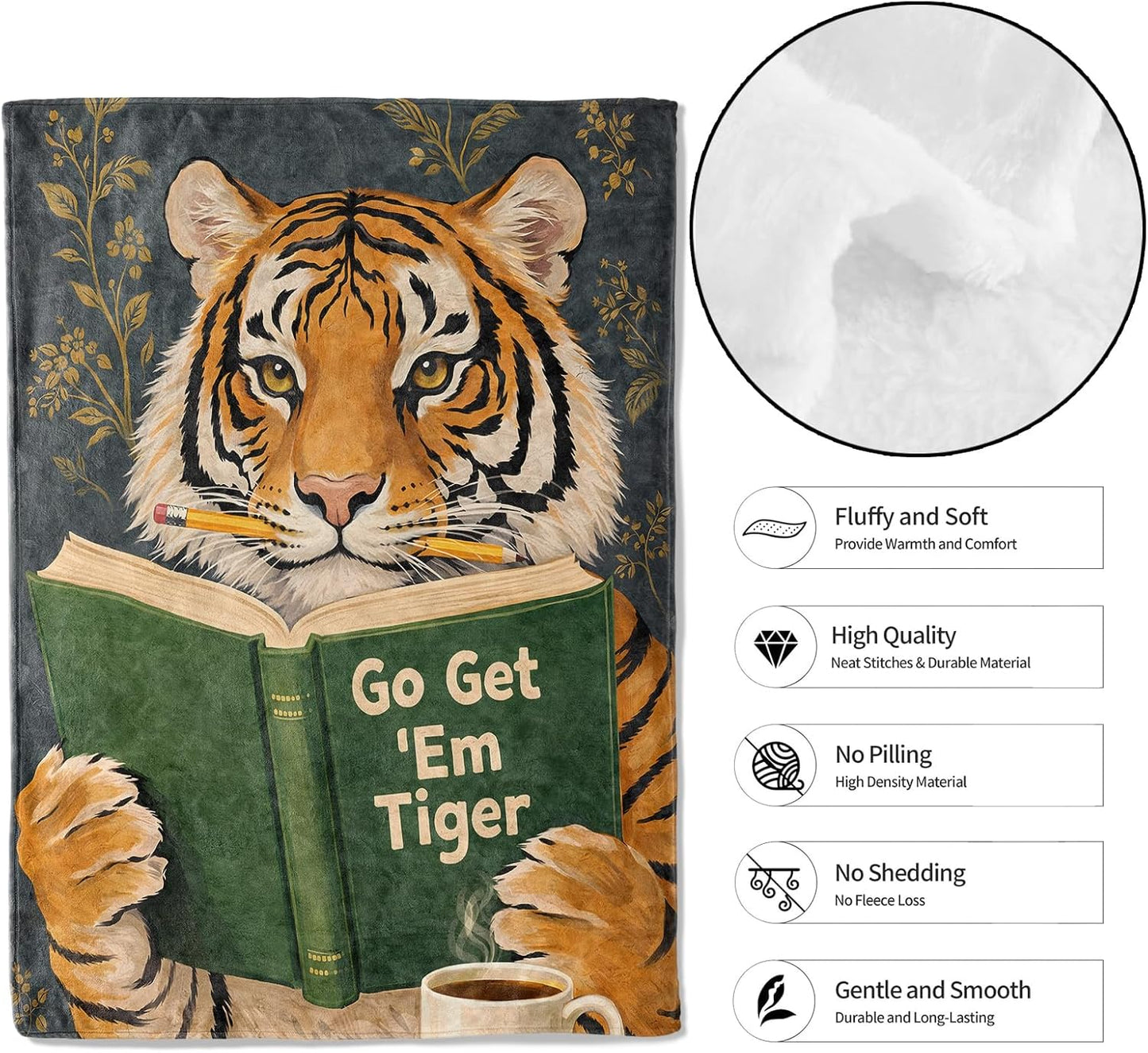 Funny Tiger Book Throw Blanket, 50x60in, Soft Lightweight Flannel, Whimsical Vintage Design Blankets,Gifts for Women Kids Reading Lovers,for Couch Travel Office Home Living Room Cabin Decor