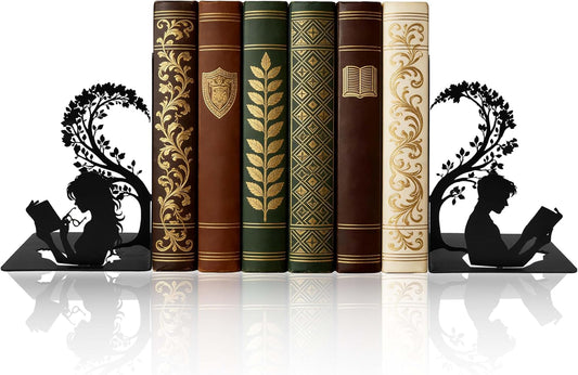 Matte Black Iron Decorative Bookends for Shelves, Couple Reading Tree Design Book Ends Decorative, Book Ends for Heavy Books, Unique Bookends for Home Office Shelves, 7.9 x 1.2 x 5.9 Inches