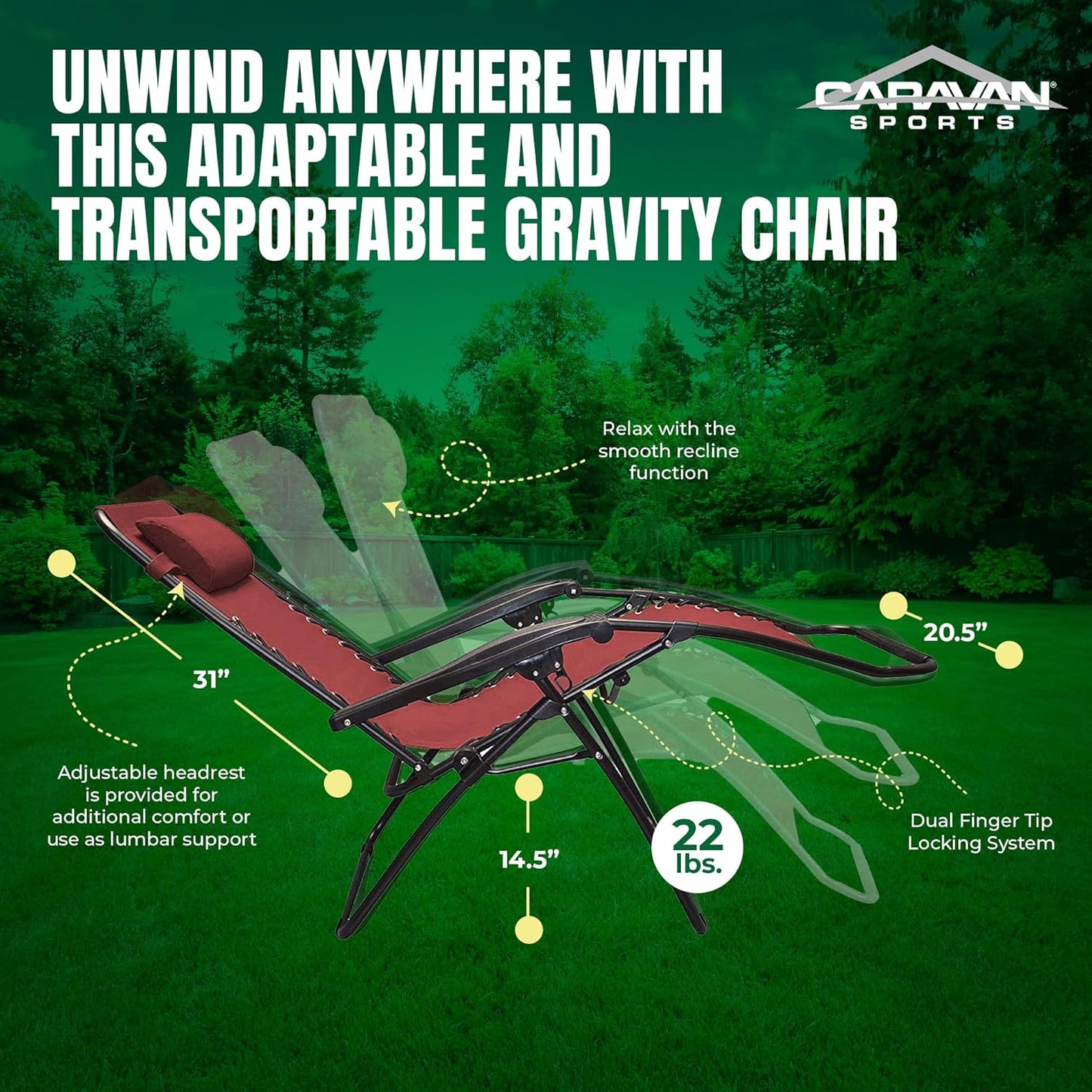 Caravan Sports Zero Gravity Outdoor Portable Folding Camping Lawn Deck Patio Pool Recliner Lounge Chair for Adults, Adjustable Headrest, Burgundy