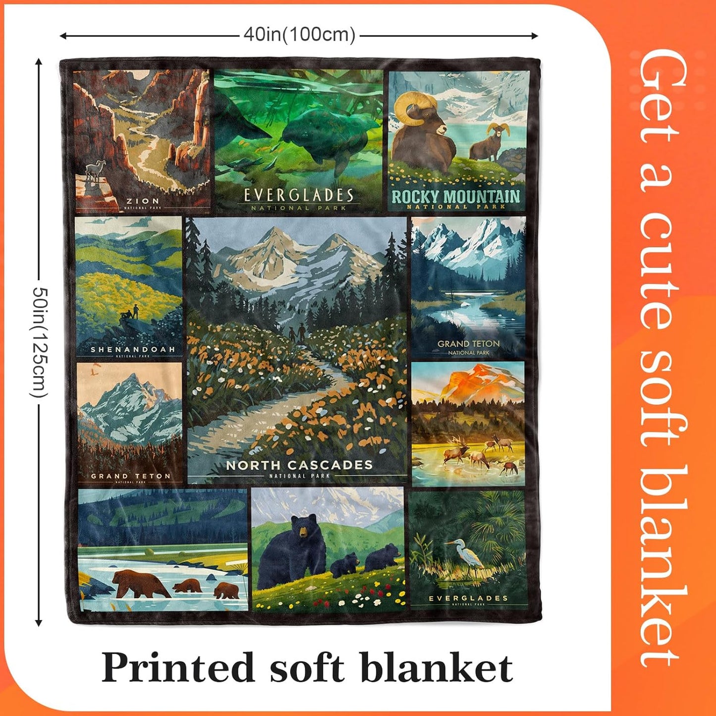National Park Blanket, Natural Scenery Flowers Forest Bear Animal Combination Bedroom Travel Living Room Sofa Cover Blanket for Kids Boys Girls Teens Adults 50 x 40 Inch