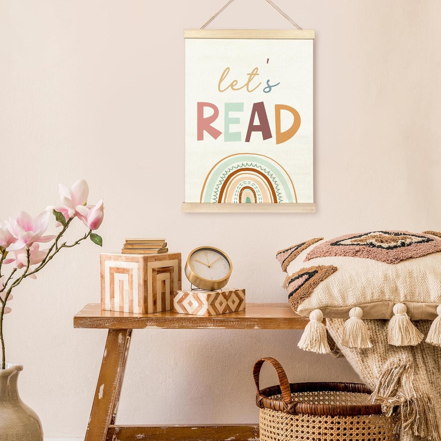 TAEDIN Let’s Read Reading Corner Poster Hanger Frame, Baby Boys Girls Wooden Canvas Artwork Print Hanging Sign Boho Rainbow Reading Book Lovers for Nursery Preschool Classroom Decor 12X16