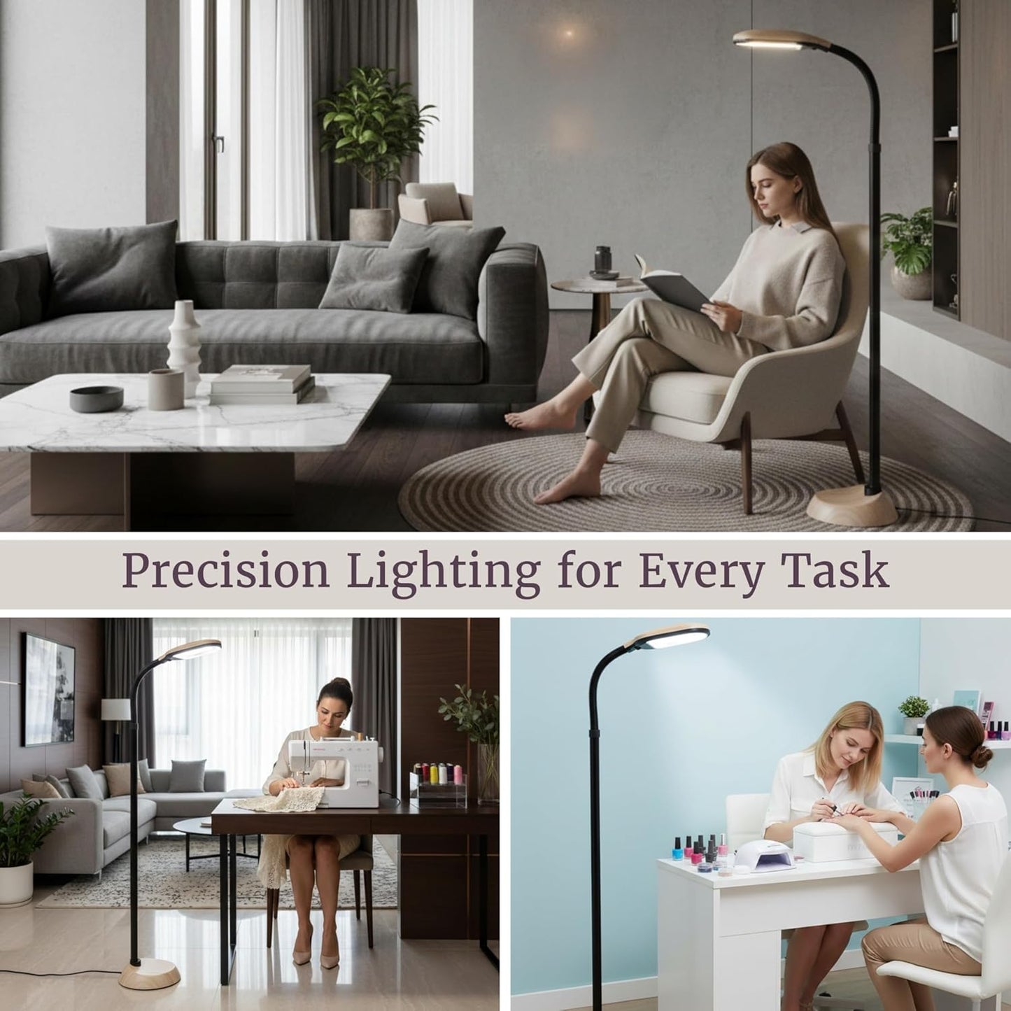 Lavish Home Adjustable Floor Lamp for Bedroom with Bendable Neck - Full Spectrum Natural Sunlight Lamp for Office and Living Room - Reading, Craft, and Esthetician Light (Light Woodgrain)