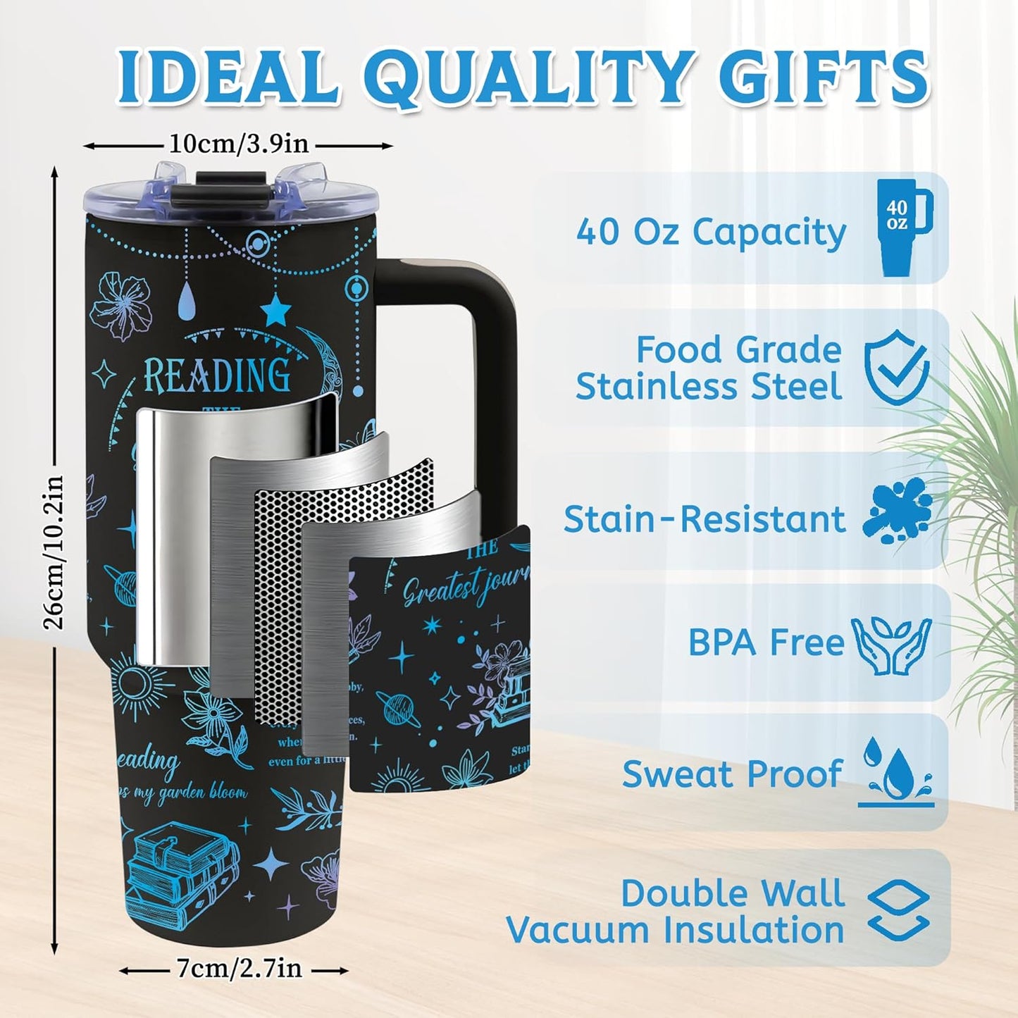 40oz Book Lover Tumbler with Handle and Straw, Insulated Stainless Steel Gift for Readers, Book Reader Gifts for Women, Christmas, Birthday Gift for Women, Friends, and Mothers