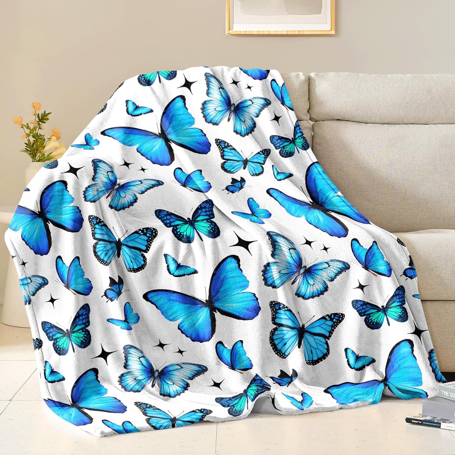 Butterfly Blanket Gifts for Women Girls Soft Flannel Blue Butterfly Throw Blanket Birthday Gifts Bedding Decor for Kids Adults All Season 50" x 40"