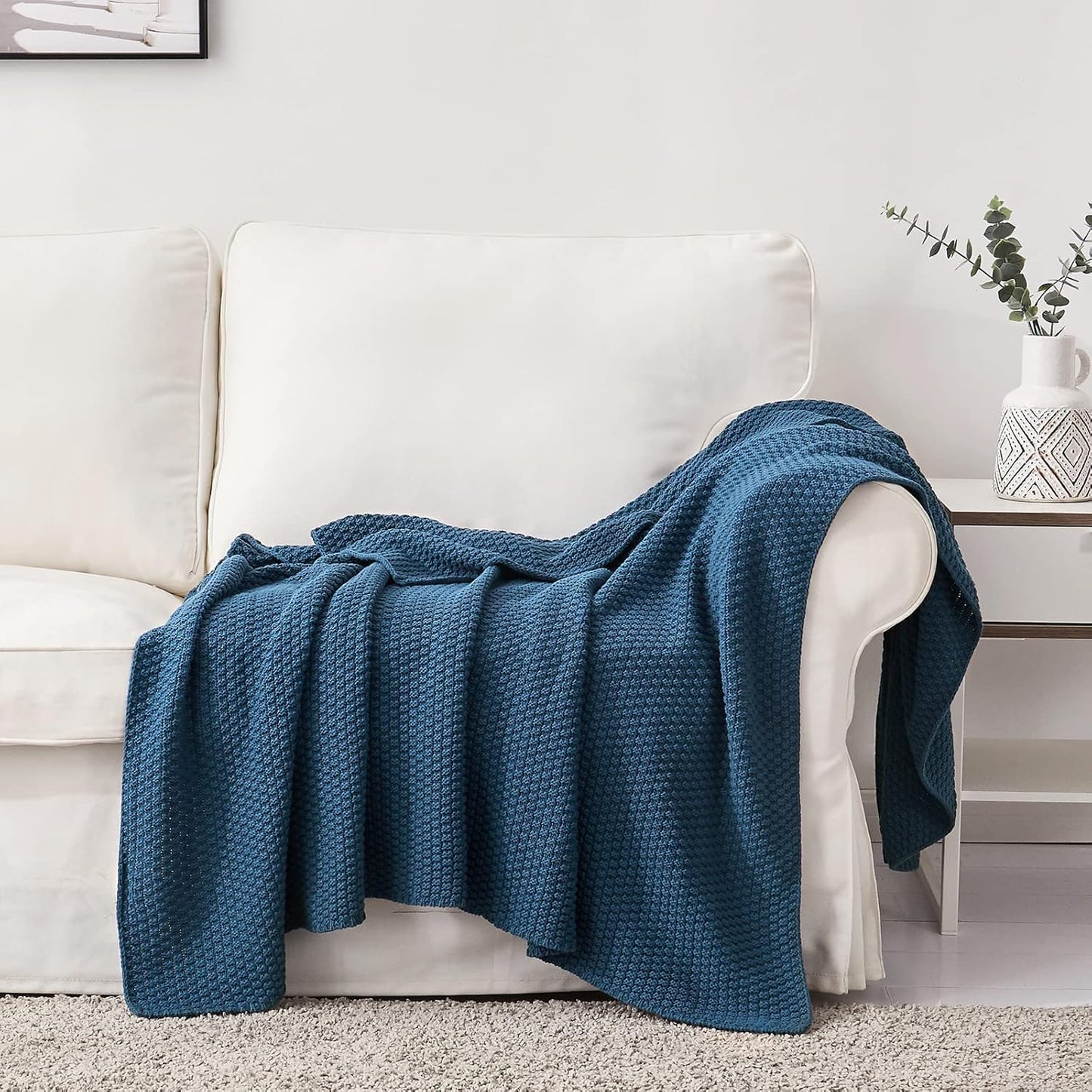 Longhui bedding Blue Knitted Throw Blanket for Couch - Soft, Cozy Machine Washable 100% Cotton Sofa Knit Blankets, Heavy 3.0lb Weight, 51 x 63 Inches, Laundry Bag Included