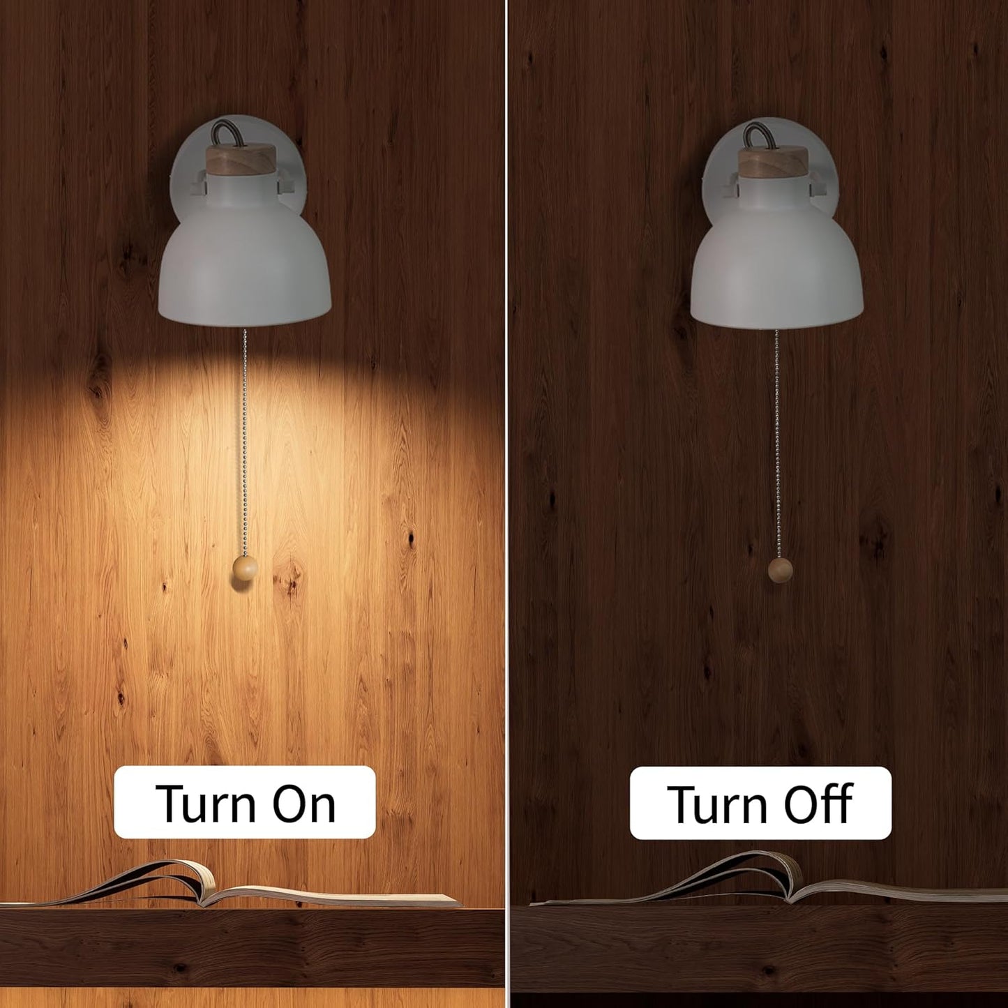 Aisilan Wall Sconce with Pull Chain White Metal Wall Light for Bedside Wooden Indoor Wall Mounted Lamp with E12 Bulb Hardwire Wall Sconces for Bedroom Living Room Hallway Office 3000k Warm White