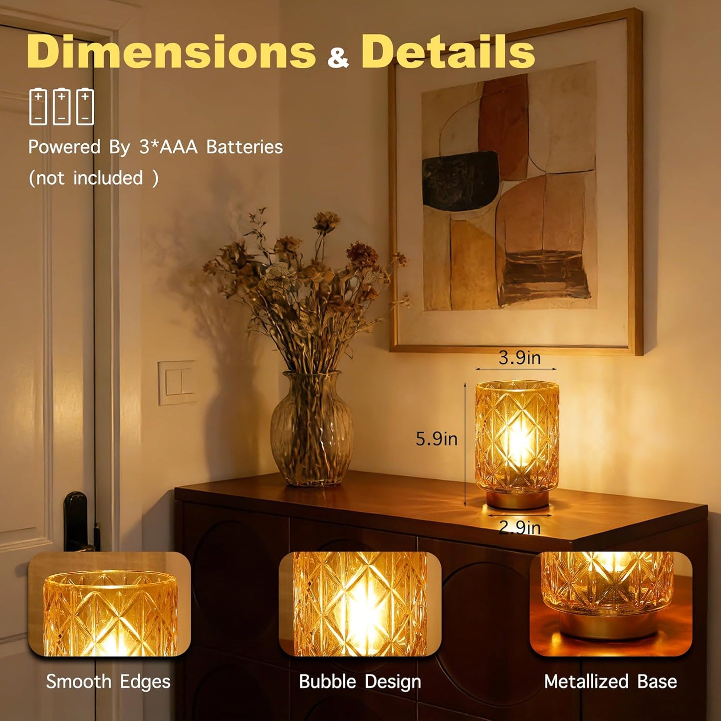 Battery Operated Table Lamp with Timer for Bookshelf/Bedside,Cordless Small Cozy Ambience Decorative Glass Lamps for Nightstand/Dorm/Office Cubicle/Desk/Counter Table Decor(Golden)
