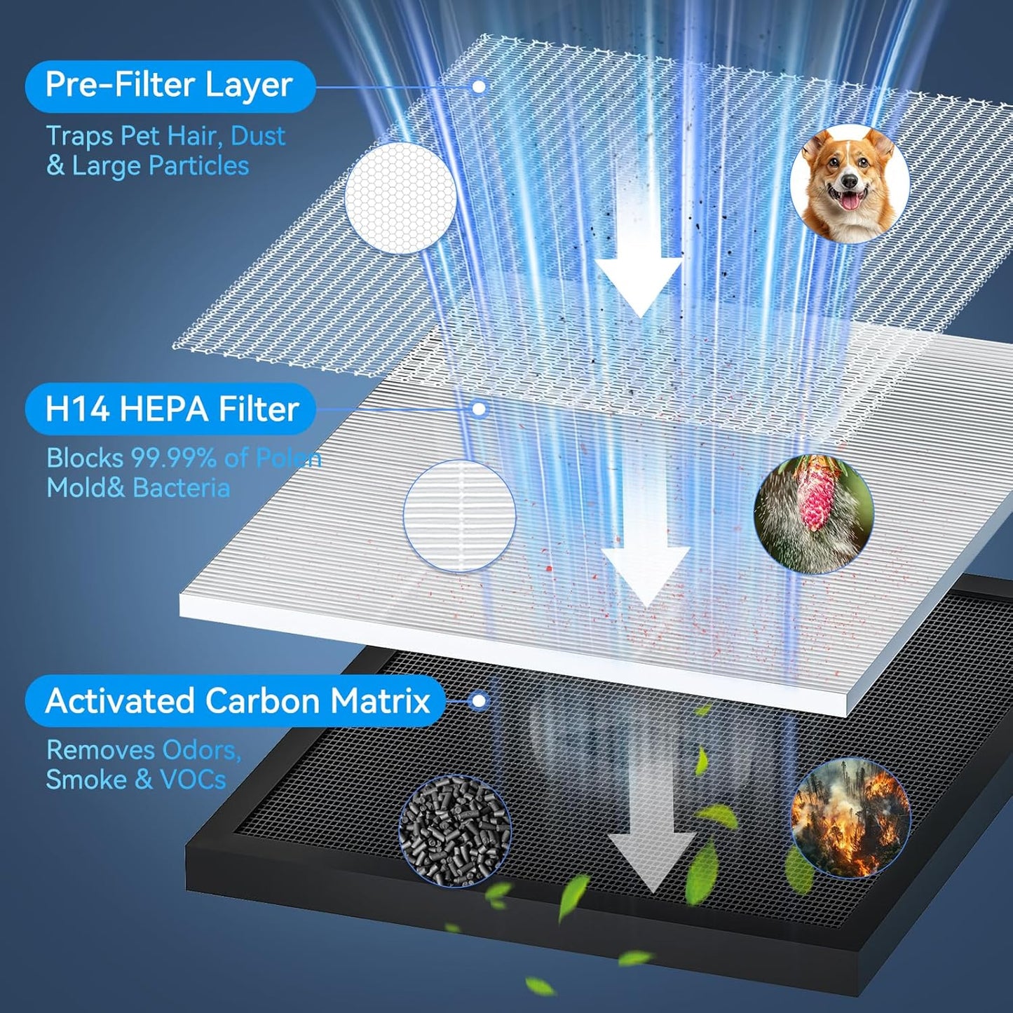 Air Purifiers for Home up to 2200 Ft² Large Room, H14 Hepa Air Purifier with PM2.5 Air Quality Monitor Display, Air Cleaner Filter Smoke, Pet Dander, Dust, Odor, Pollen for Office, Bedroom, Allergies