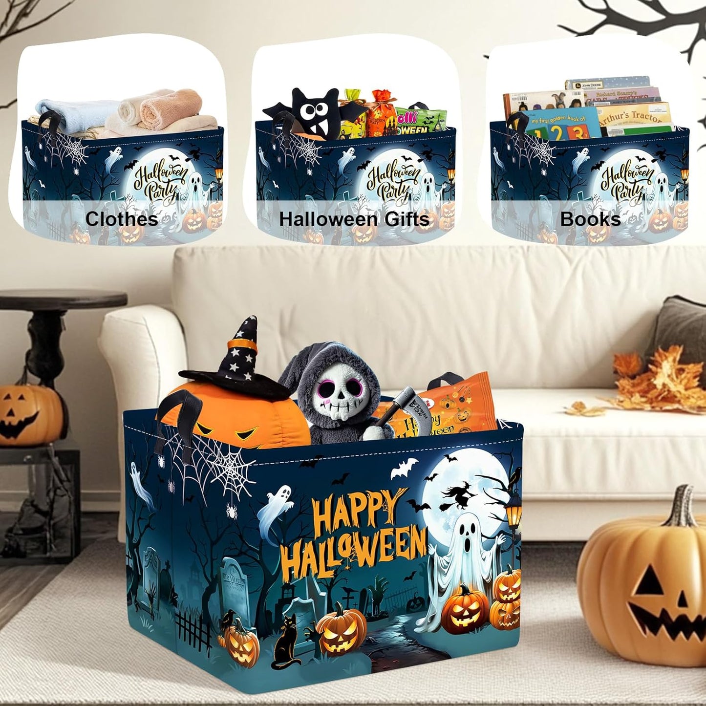 Halloween Baby Storage Basket Ghost Bat Pumpkin Collapsible Clothes Kids Laundry Hamper Large Boys Girls Gift Toy Box Bin for Nursery Room,Graveyard,40*30*30 cm
