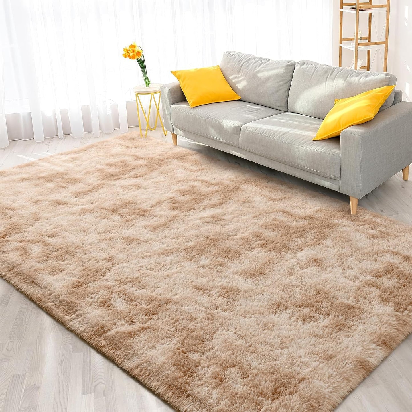 FlyDOIT Large Area Rugs for Living Room, 4x6 Feet Tie-Dyed Beige Shaggy Rug Fluffy Throw Carpets, Ultra Soft Plush Modern Indoor Fuzzy Rugs for Bedroom Girls Kids Nursery Room Dorm Home Decor
