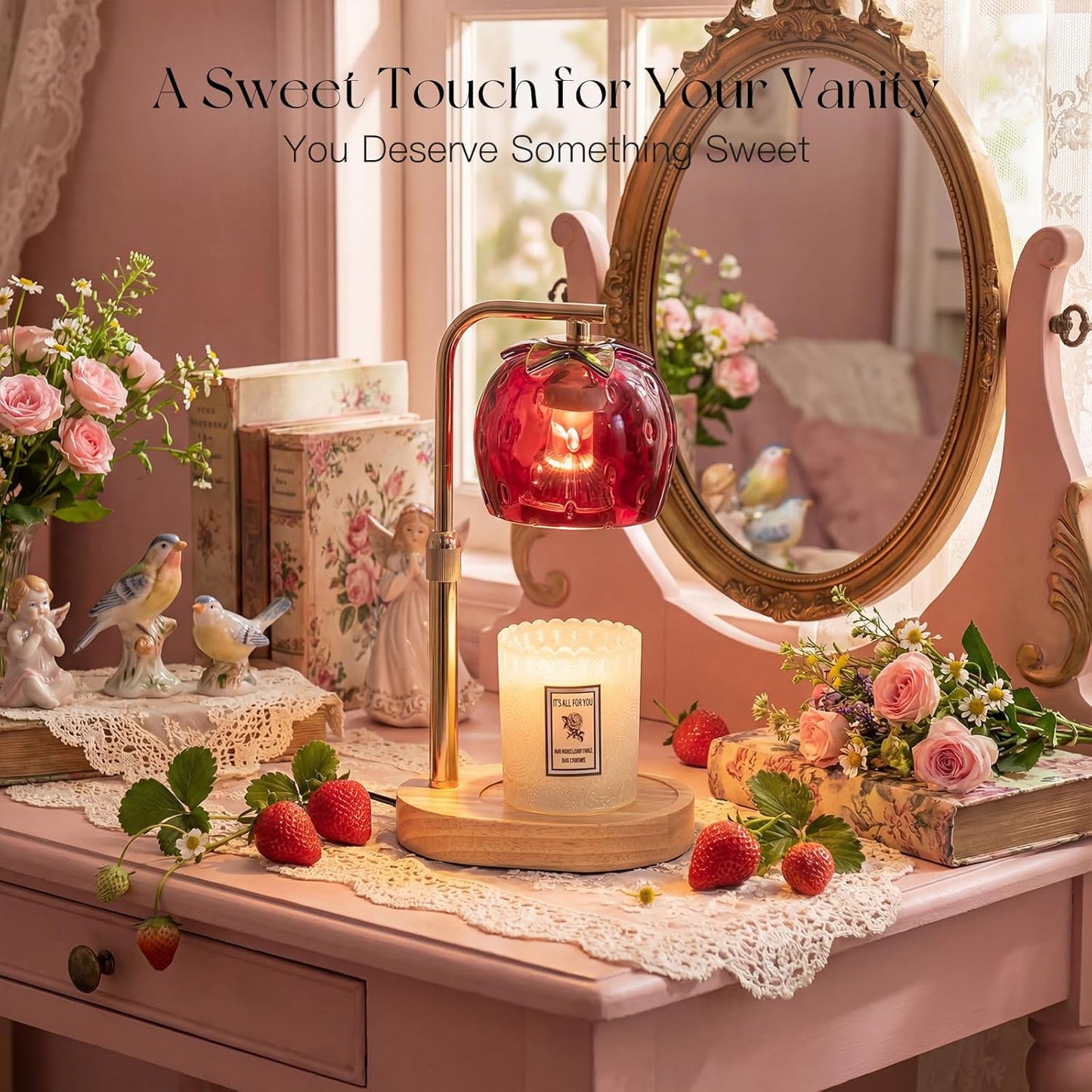 Candle Warmer Lamp with Timer: Strawberry Candle Warming Lamp with 2 Bulbs Dimmable Preppy Room Home Decor for Women Height Adjustable Wax Warmer
