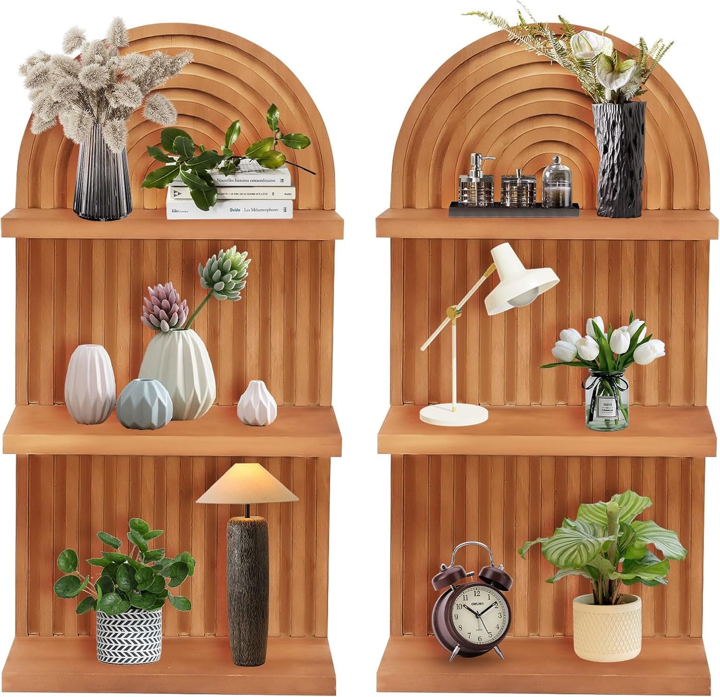Qivine 2Pcs Boho Shelves for Wall, 3 Tier Rainbow Arch Wooden Floating Shleves, Boho Mid Century Shelf with Arched Wood Design Wall Mounted for Living Room, Bedroom, Bathroom Decor (Brown, 3-Tier)