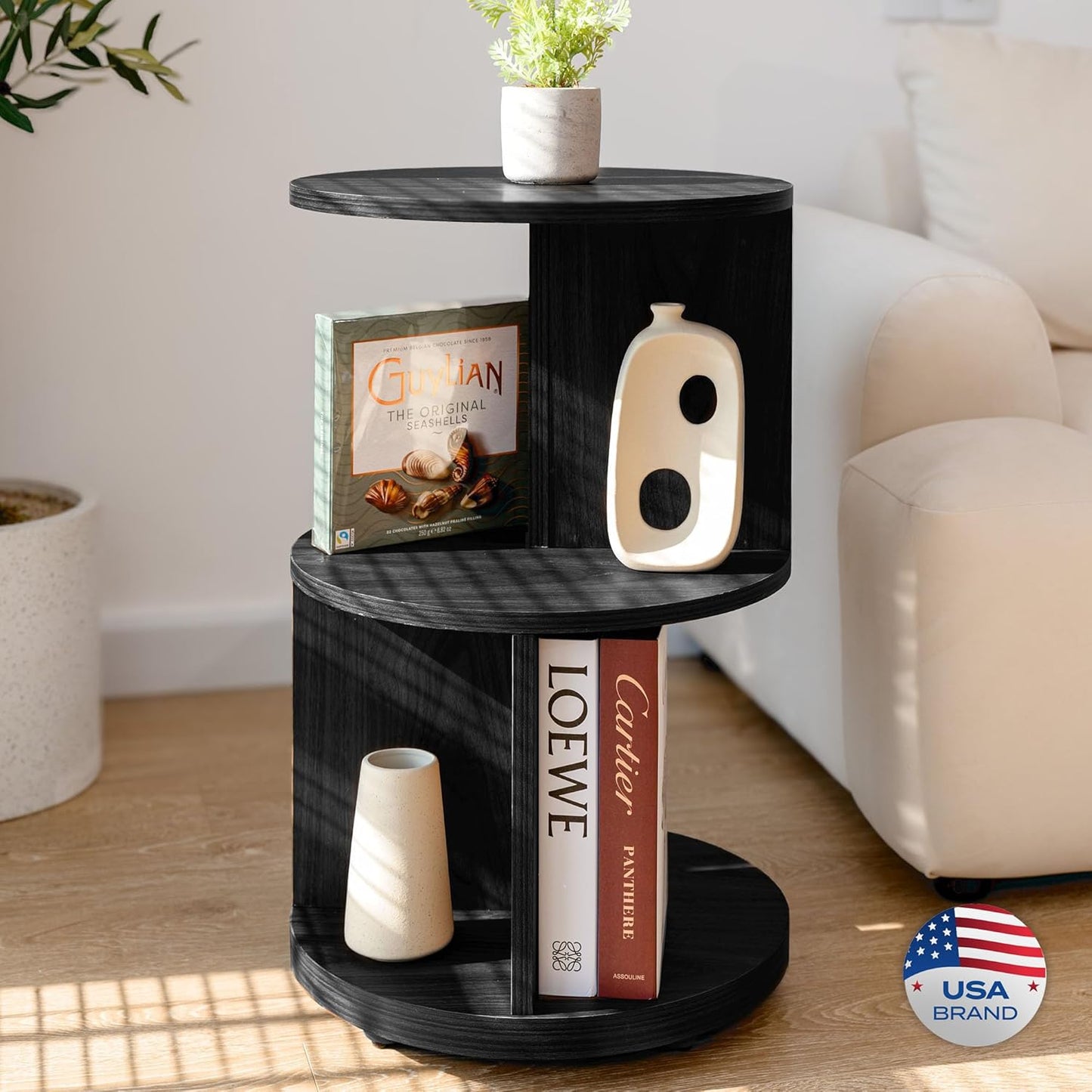 KAYMILY Round End Tables, Mid Century Modern 3 Tier Side Table for Living Room, Bedroom, Office, 25" Tall Accent Nightstand with Open Storage Shelves, Easy Assembly, MDF Wood - Stationary - Black