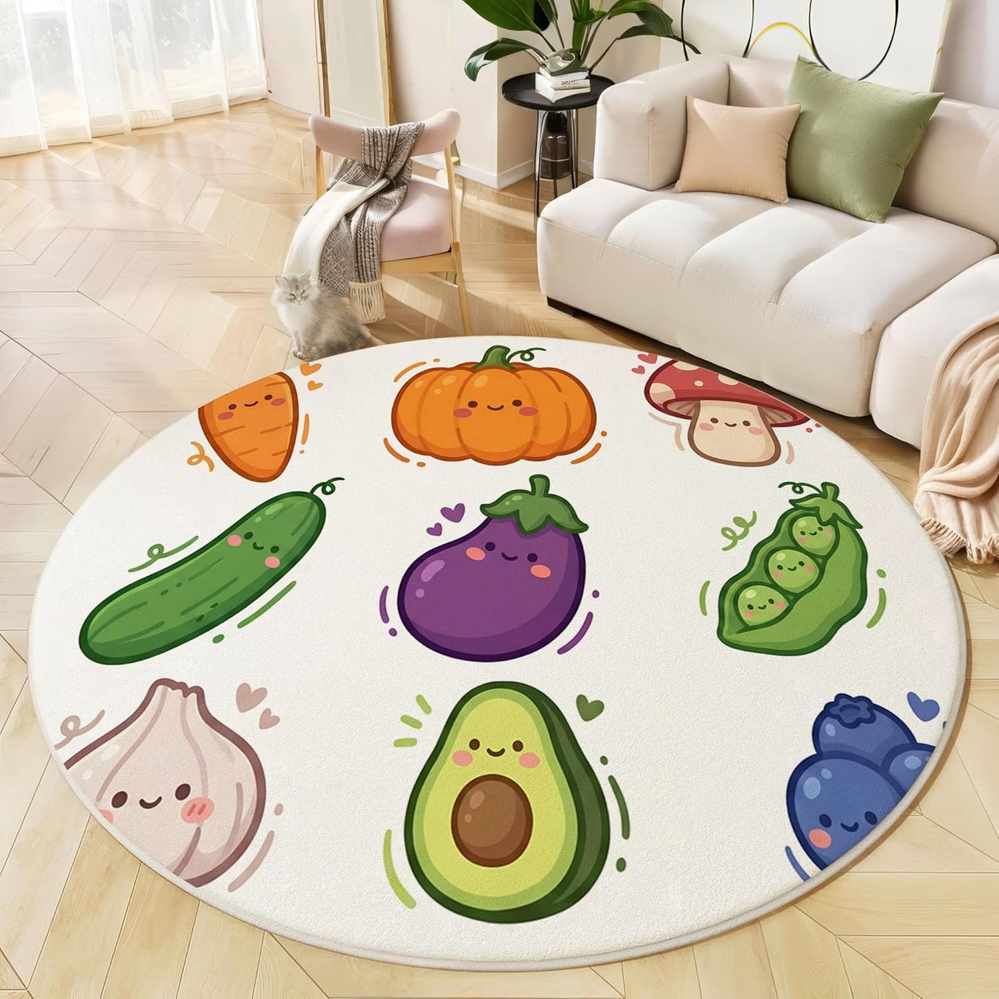 5Ft Round Washable Rug - Large Area Rug for Living Room Dining Room, Beige Soft Bedroom Carpet with Cute Smiley Face Vegetables Pattern, Cartoon Plants Décor, Low Pile Stain Resistant