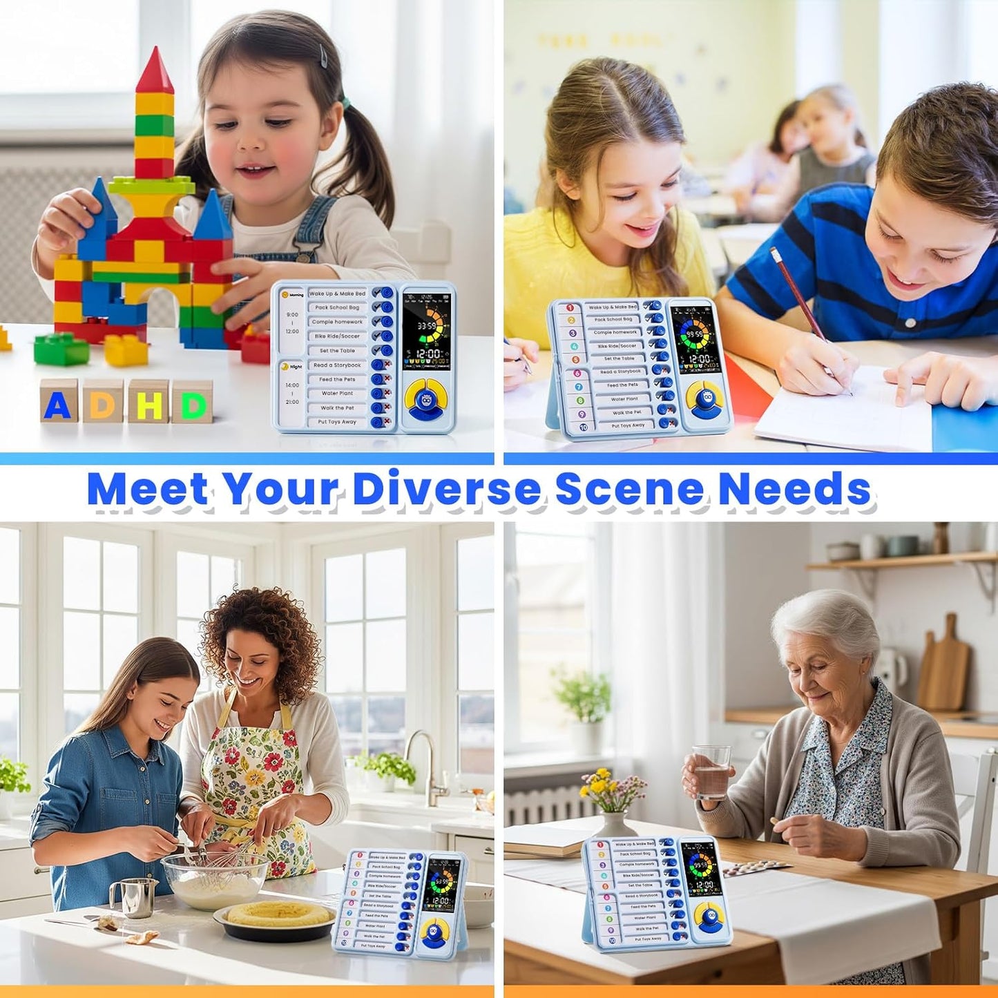 Mooking 5-in-1 Visual Timer, ADHD Tool for Kids|Adults, Visual Schedule for Kids with Autism, 12/24 Task Timer & Chore Chart Board, ADHD Tools with Daily Checklist for Home, School, Classroom - Blue