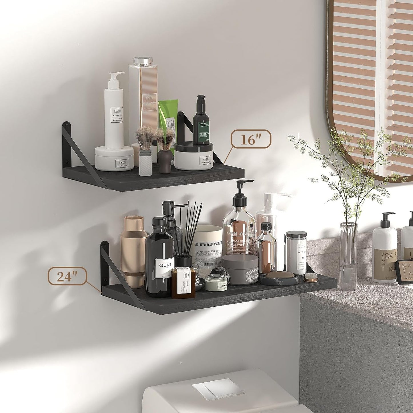 SAUMONIERES Floating Shelves Bookshelf for Bedroom Bathroom Living Room Wood Wall Mounted Wide Deep Storage, Black Painted Set of 2